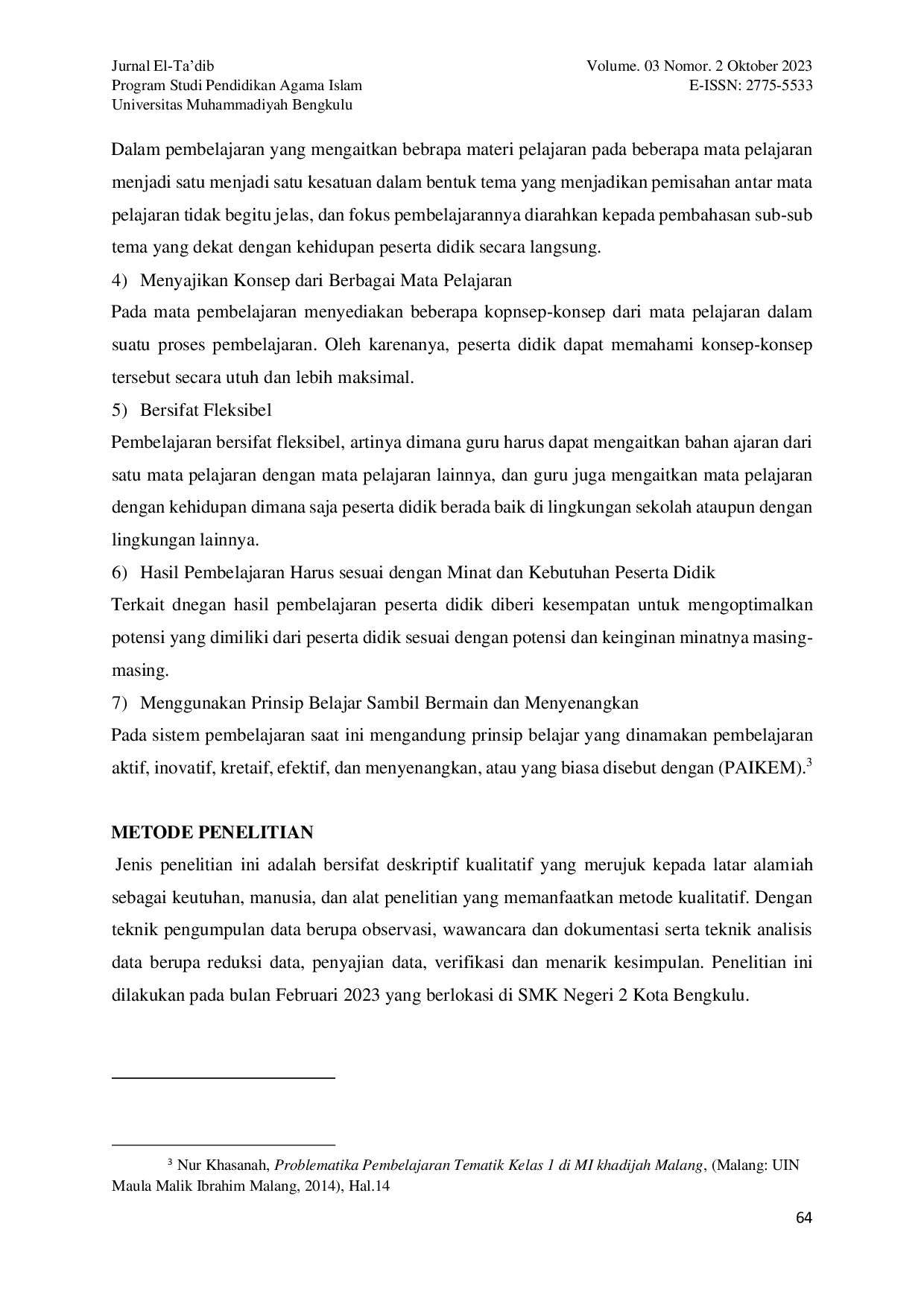 JURIS Problematika Pembelajaran Pendidikan Agama Islam Di SMK Negeri 2 Kota Bengkulu