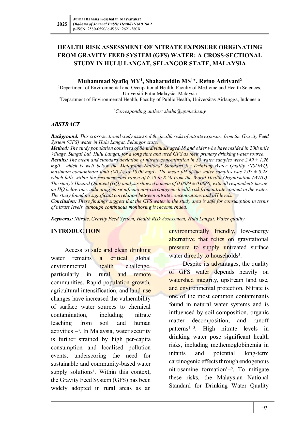 JURIS Health Risk Assessment of Nitrate Exposure Originating from Gravity Feed System GFS Water A Cross Sectional Study in Hulu Langat Selangor State Malaysia