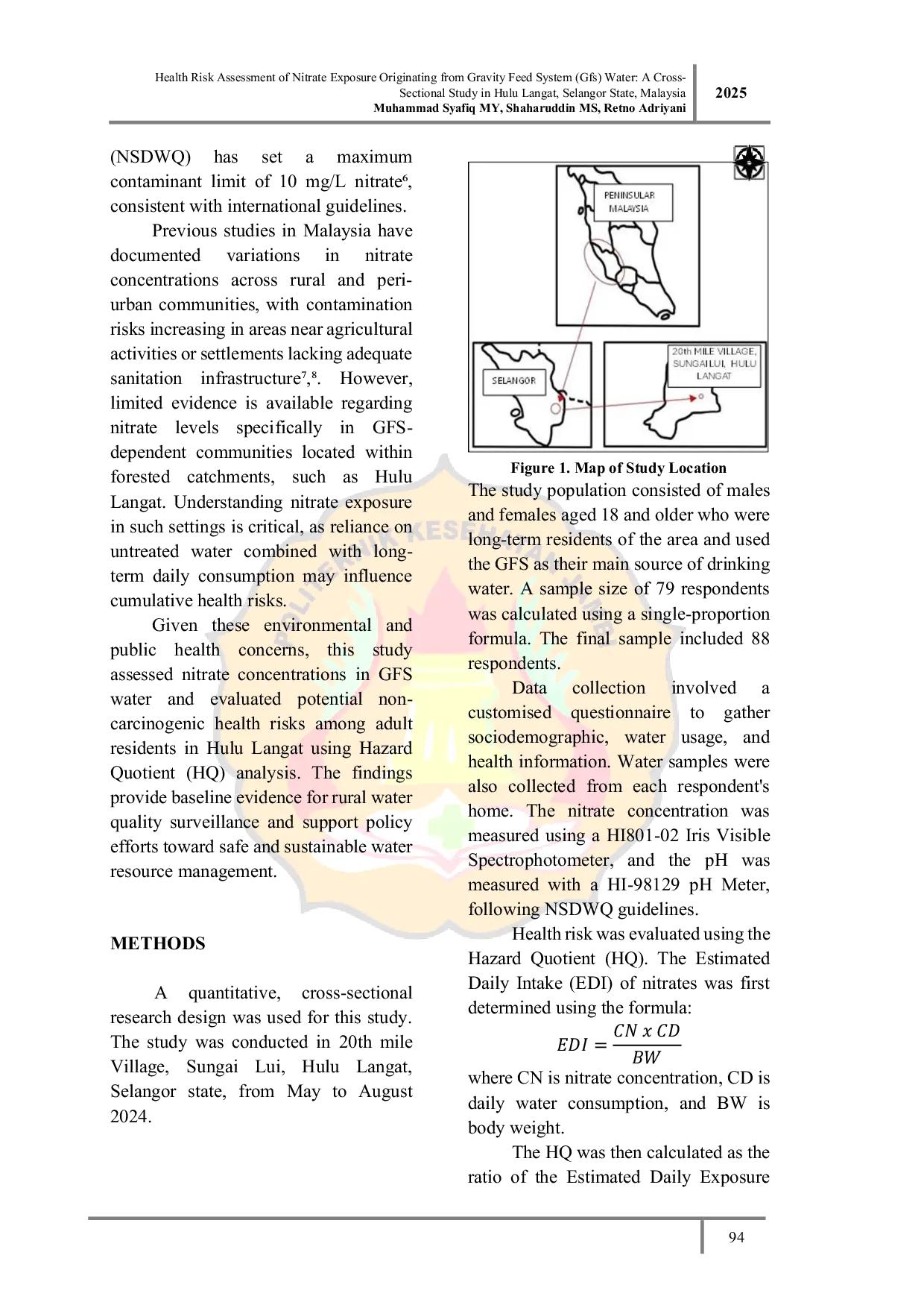JURIS Health Risk Assessment of Nitrate Exposure Originating from Gravity Feed System GFS Water A Cross Sectional Study in Hulu Langat Selangor State Malaysia