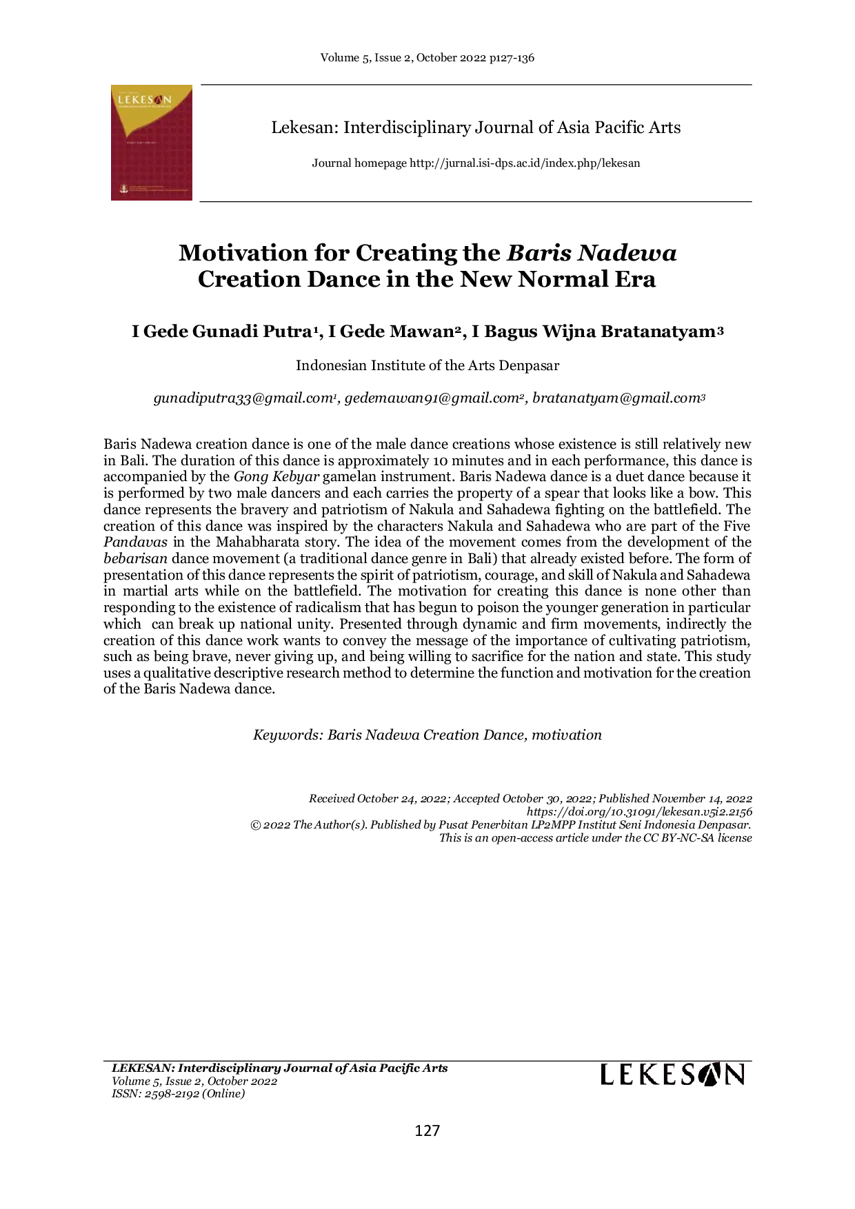 JURIS Motivation for Creating the Baris Nadewa Creation Dance in the New Normal Era