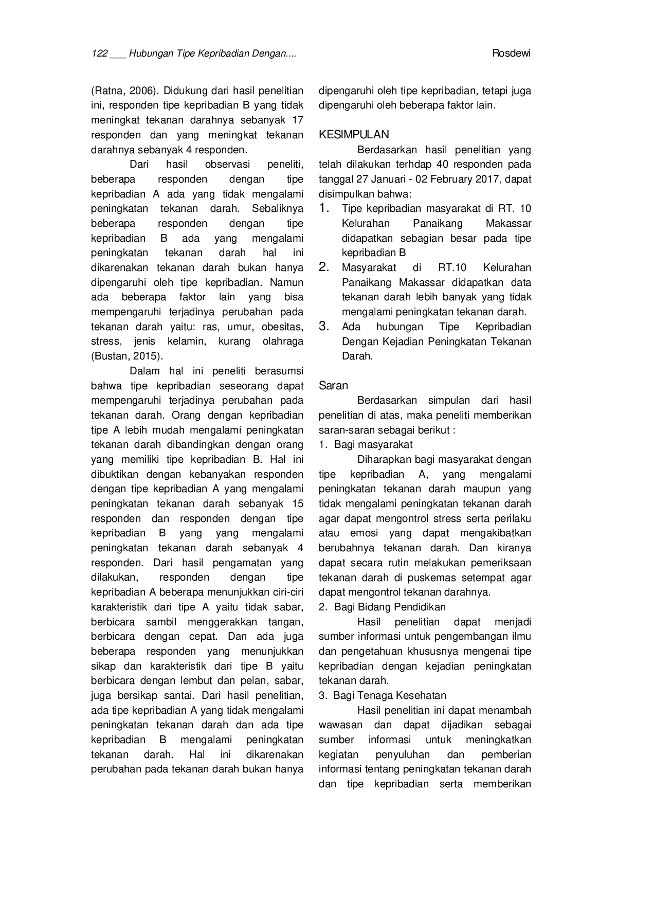 JURIS Hubungan Tipe Kepribadian Dengan Kejadian Peningkatan Tekanan Darah Di RT 10 Kelurahan Panaikang Makassar