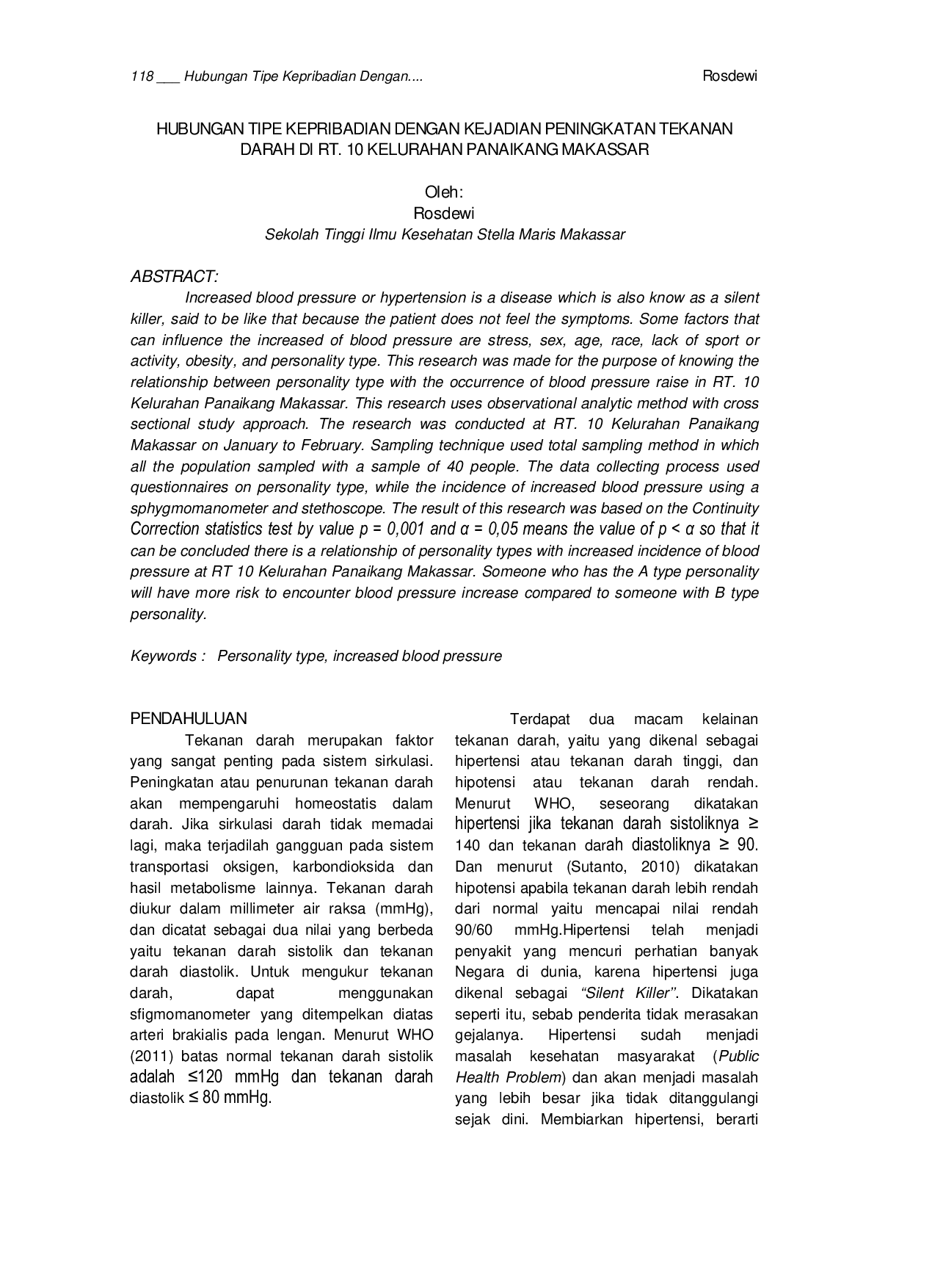 JURIS Hubungan Tipe Kepribadian Dengan Kejadian Peningkatan Tekanan Darah Di RT 10 Kelurahan Panaikang Makassar