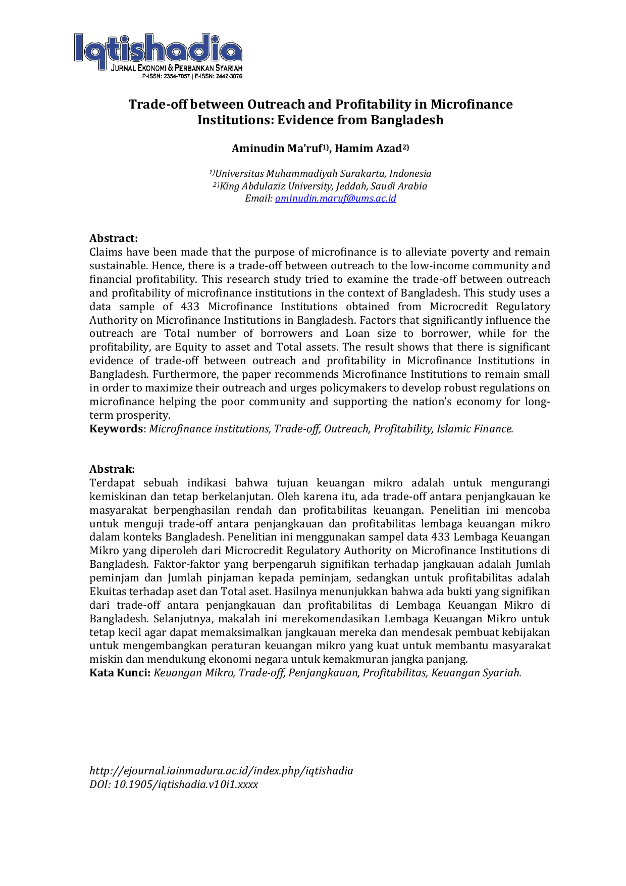 JURIS Trade Off Between Outreach And Profitability In Microfinance Institutions Evidence From Bangladesh