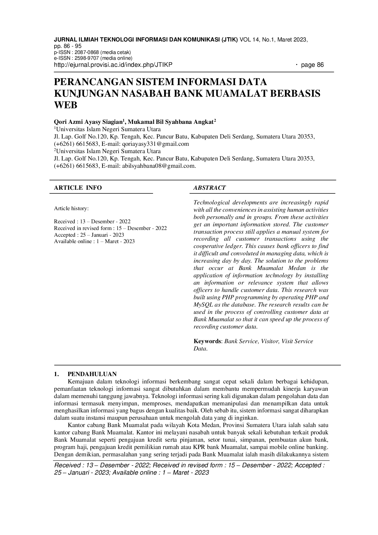 JURIS Perancangan Sistem Informasi Data Kunjungan Nasabah Bank Muamalat Berbasis Web