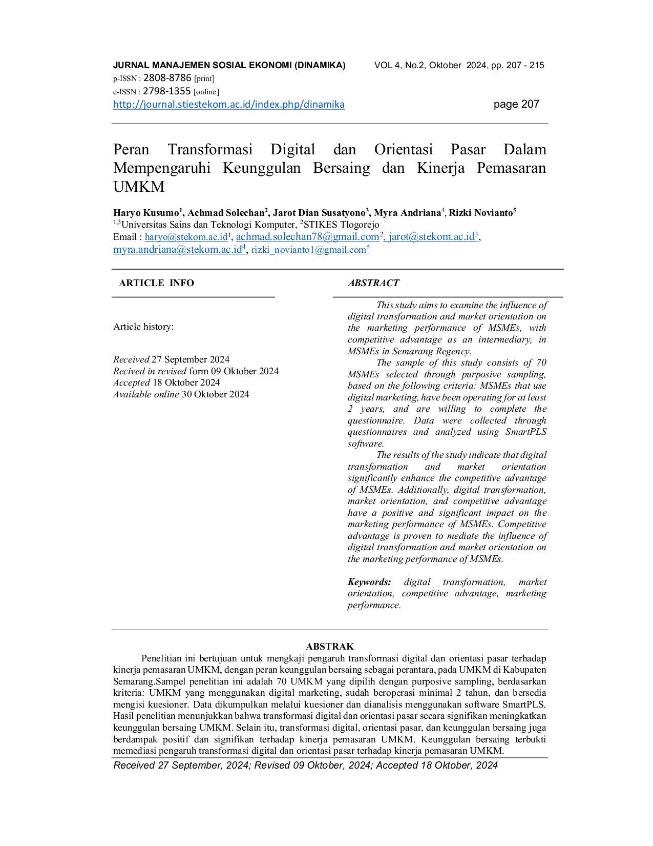 JURIS Peran Transformasi Digital dan Orientasi Pasar Dalam Mempengaruhi Keunggulan Bersaing dan Kinerja Pemasaran UMKM