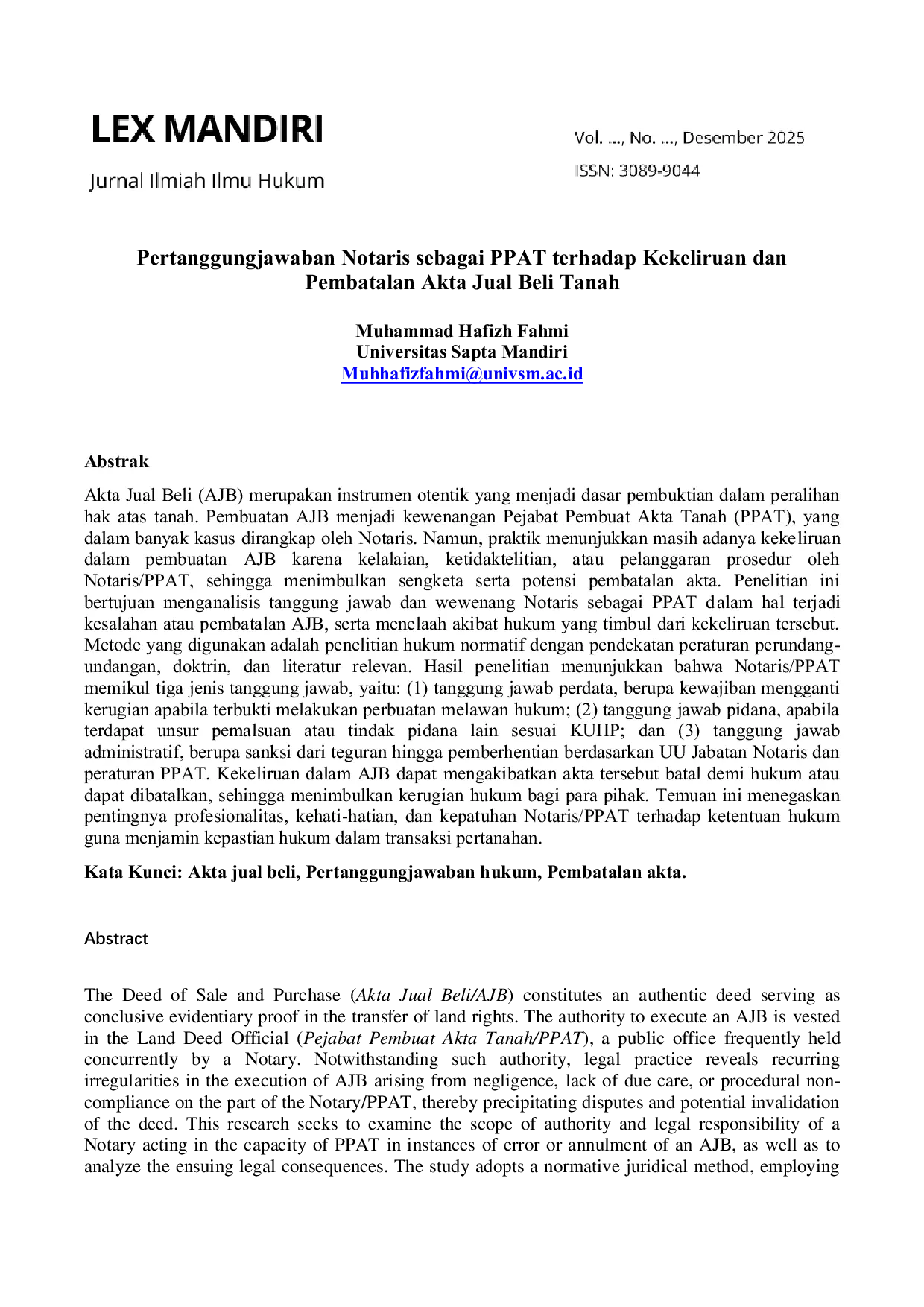 JURIS Pertanggungjawaban Notaris sebagai PPAT terhadap Kekeliruan dan Pembatalan Akta Jual Beli Tanah