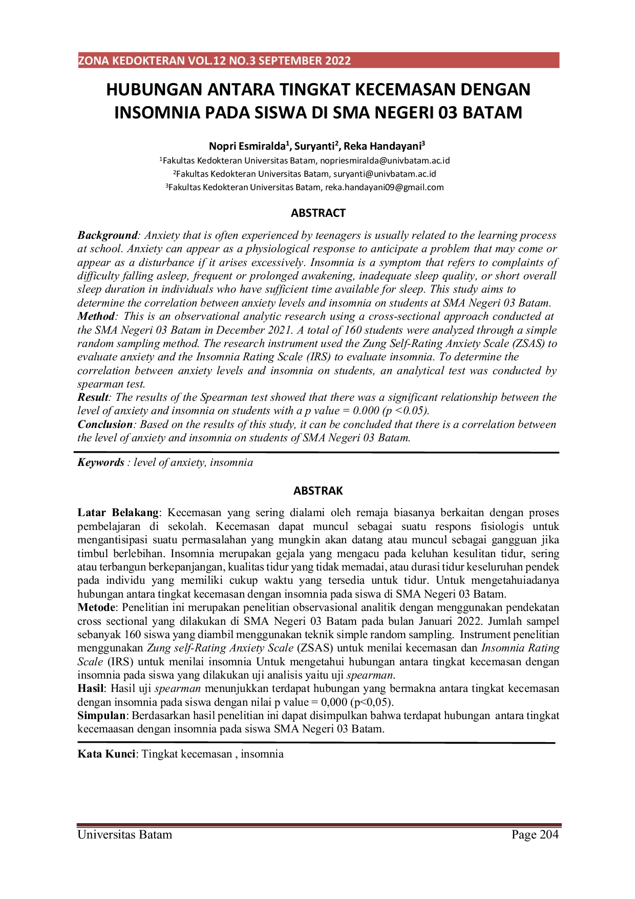 JURIS Hubungan Antara Tingkat Kecemasan dengan Insomnia pada Siswa di SMA Negeri 03 Batam