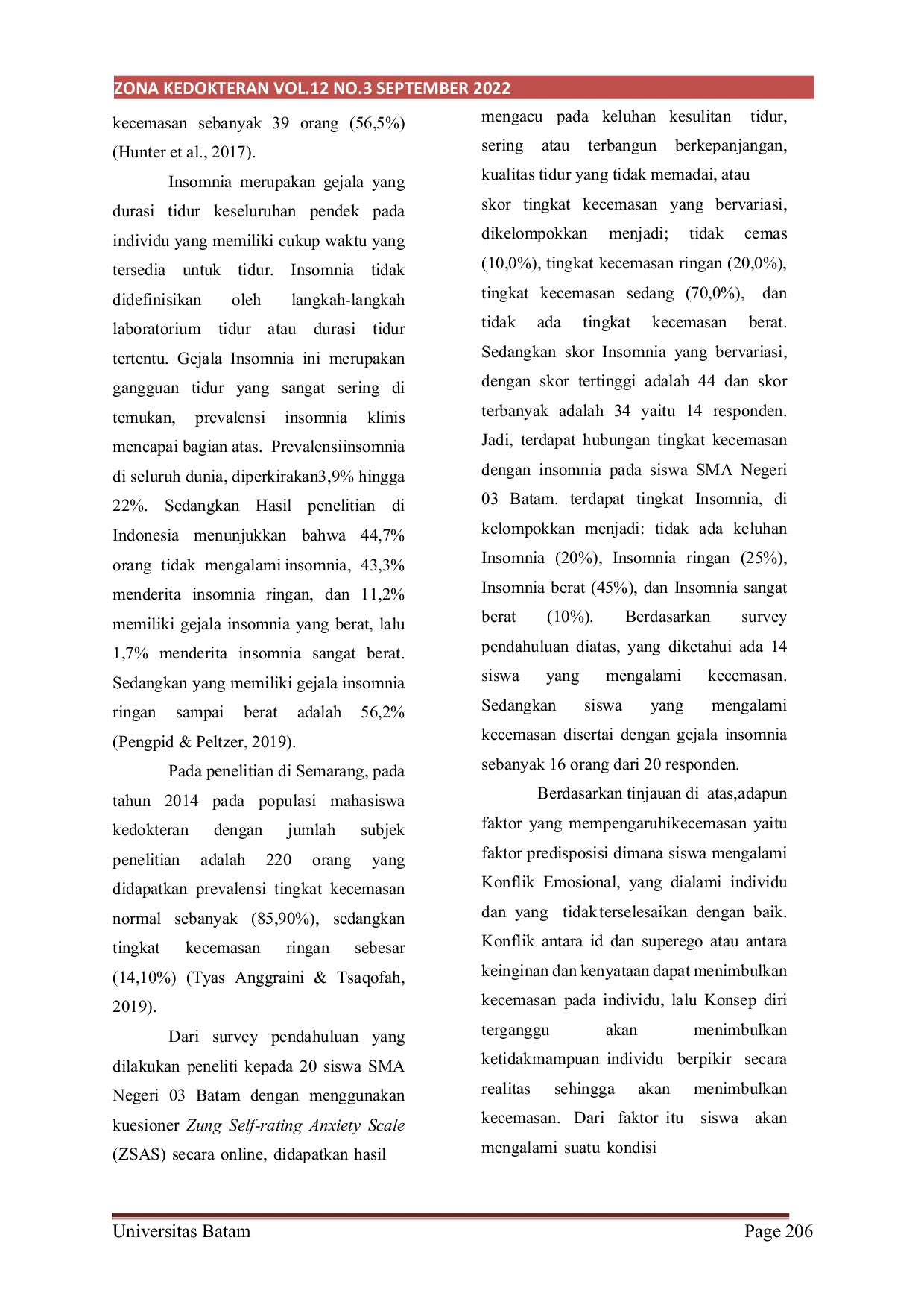 JURIS Hubungan Antara Tingkat Kecemasan dengan Insomnia pada Siswa di SMA Negeri 03 Batam