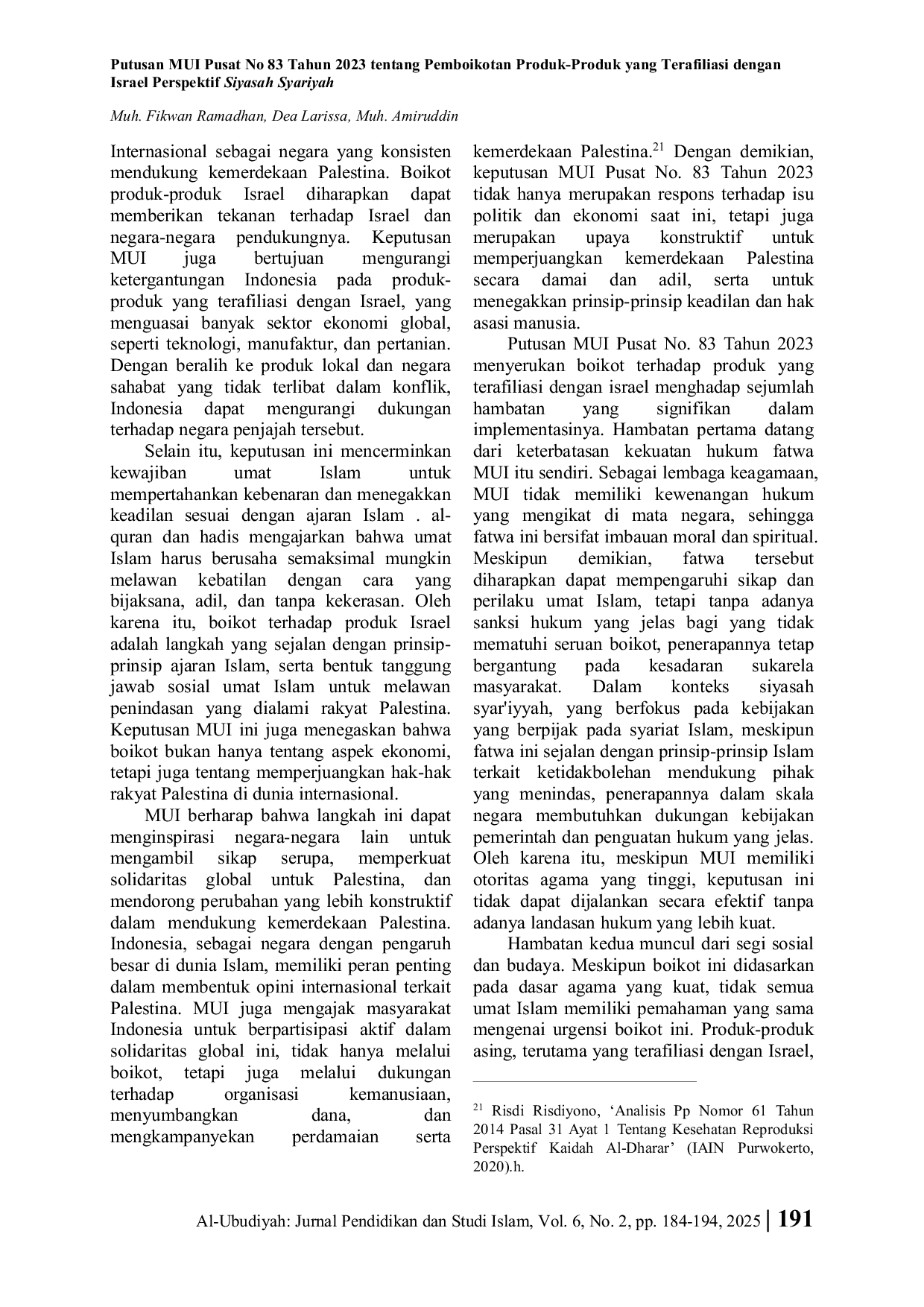 JURIS Putusan MUI Pusat No 83 Tahun 2023 tentang Pemboikotan Produk Produk yang Terafiliasi dengan Israel Perspektif Siyasah Syariyah