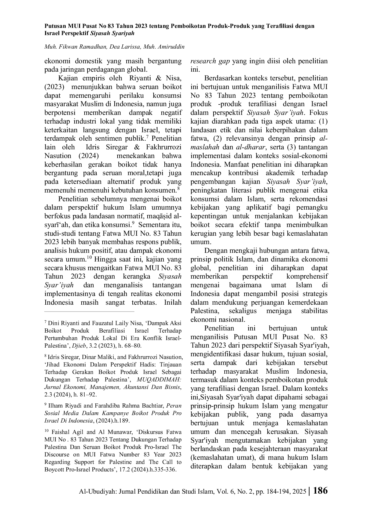 JURIS Putusan MUI Pusat No 83 Tahun 2023 tentang Pemboikotan Produk Produk yang Terafiliasi dengan Israel Perspektif Siyasah Syariyah