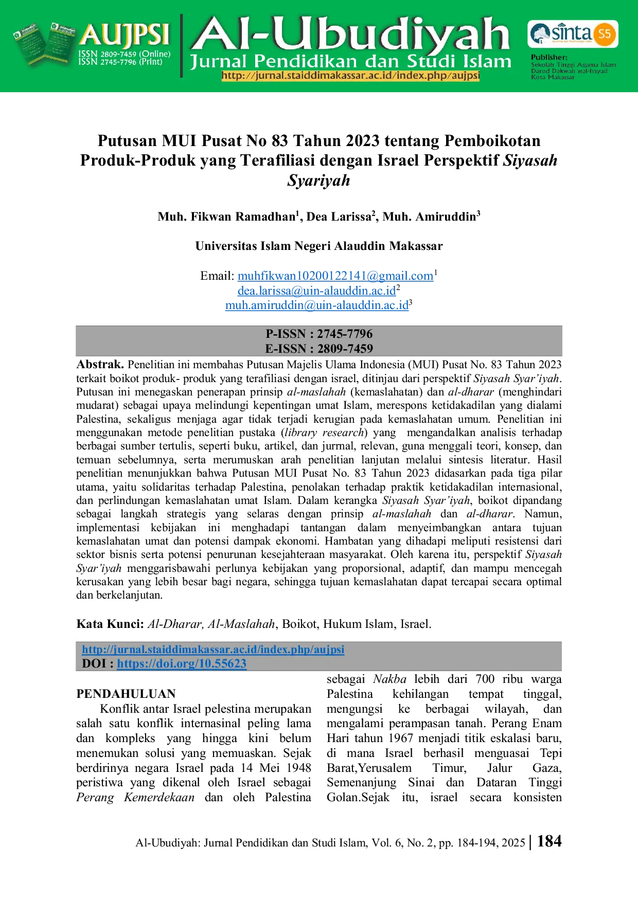 JURIS Putusan MUI Pusat No 83 Tahun 2023 tentang Pemboikotan Produk Produk yang Terafiliasi dengan Israel Perspektif Siyasah Syariyah