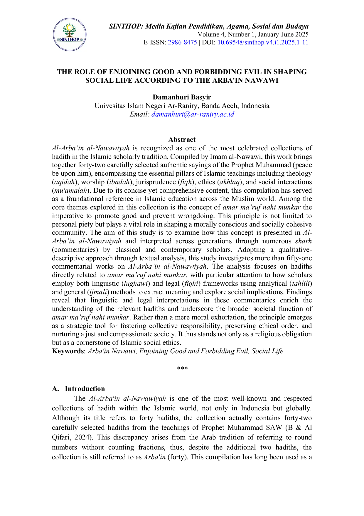 JURIS The Role of Enjoining Good and Forbidding Evil in Shaping Social Life According to the Arba in Nawawi
