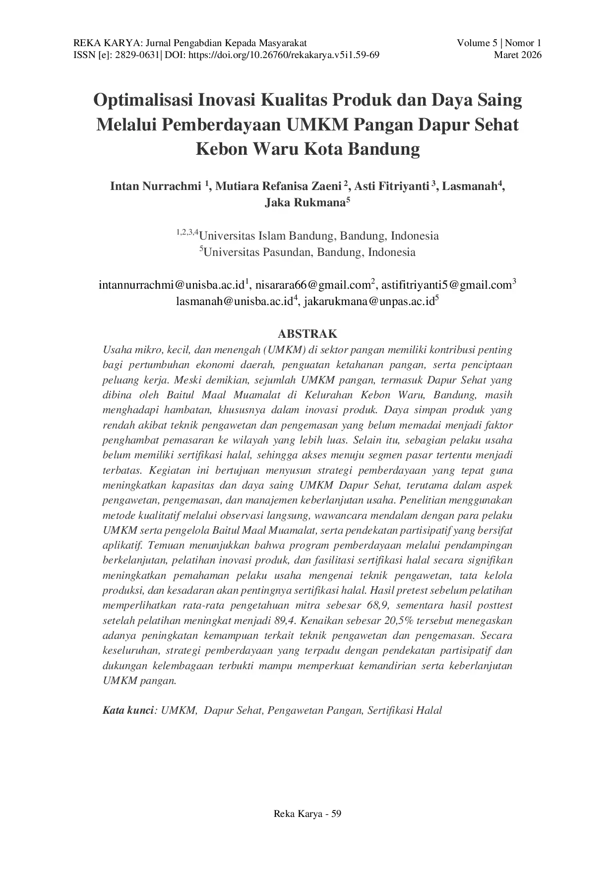 JURIS Optimalisasi Inovasi Kualitas Produk dan Daya Saing Melalui Pemberdayaan UMKM Pangan Dapur Sehat Kebon Waru Kota Bandung