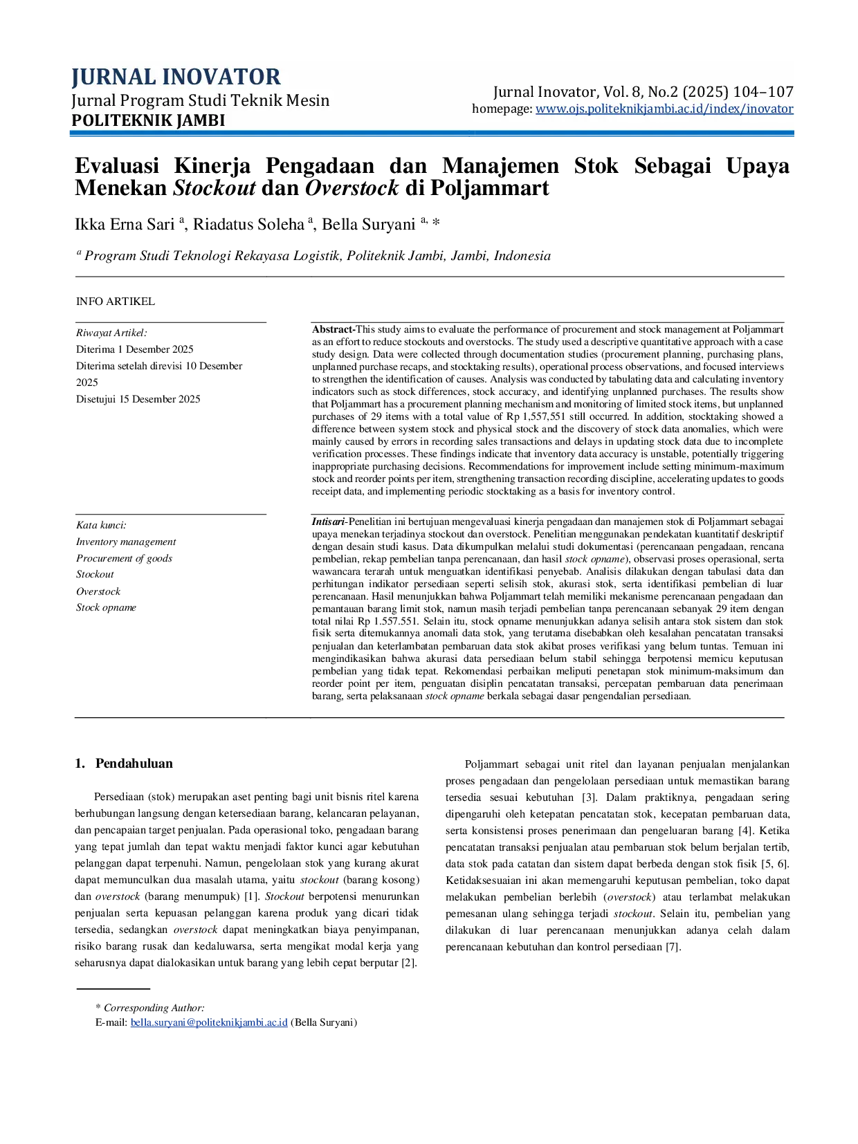 JURIS Evaluasi Kinerja Pengadaan Dan Manajemen Stok Sebagai Upaya Menekan Stockout Dan Overstock Di Poljammart