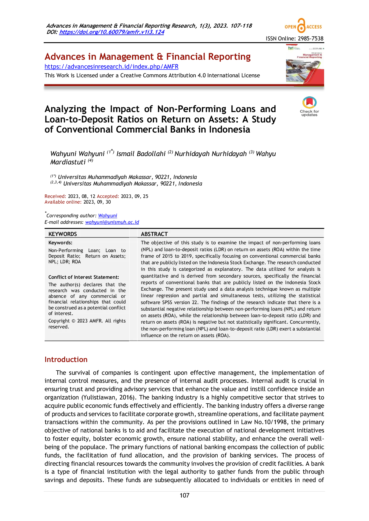 JURIS Analyzing the Impact of Non Performing Loans and Loan to Deposit Ratios on Return on Assets A Study of Conventional Commercial Banks in Indonesia