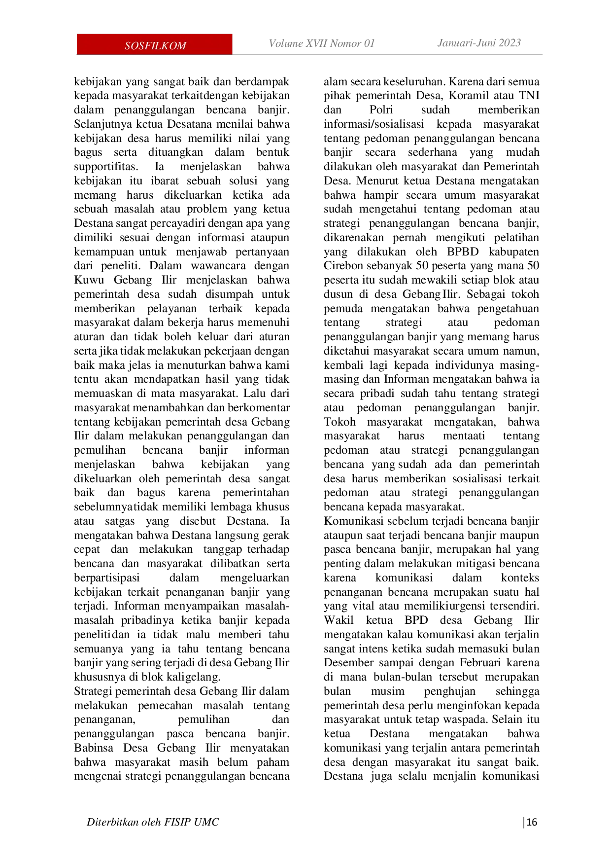 JURIS Peran Pemerintahan Desa Dalam Penanggulangan Dan Pemulihan Pasca Bencana Banjir Di Desa Gebang Ilir Kecamatan Gebang Kabupaten Cirebon