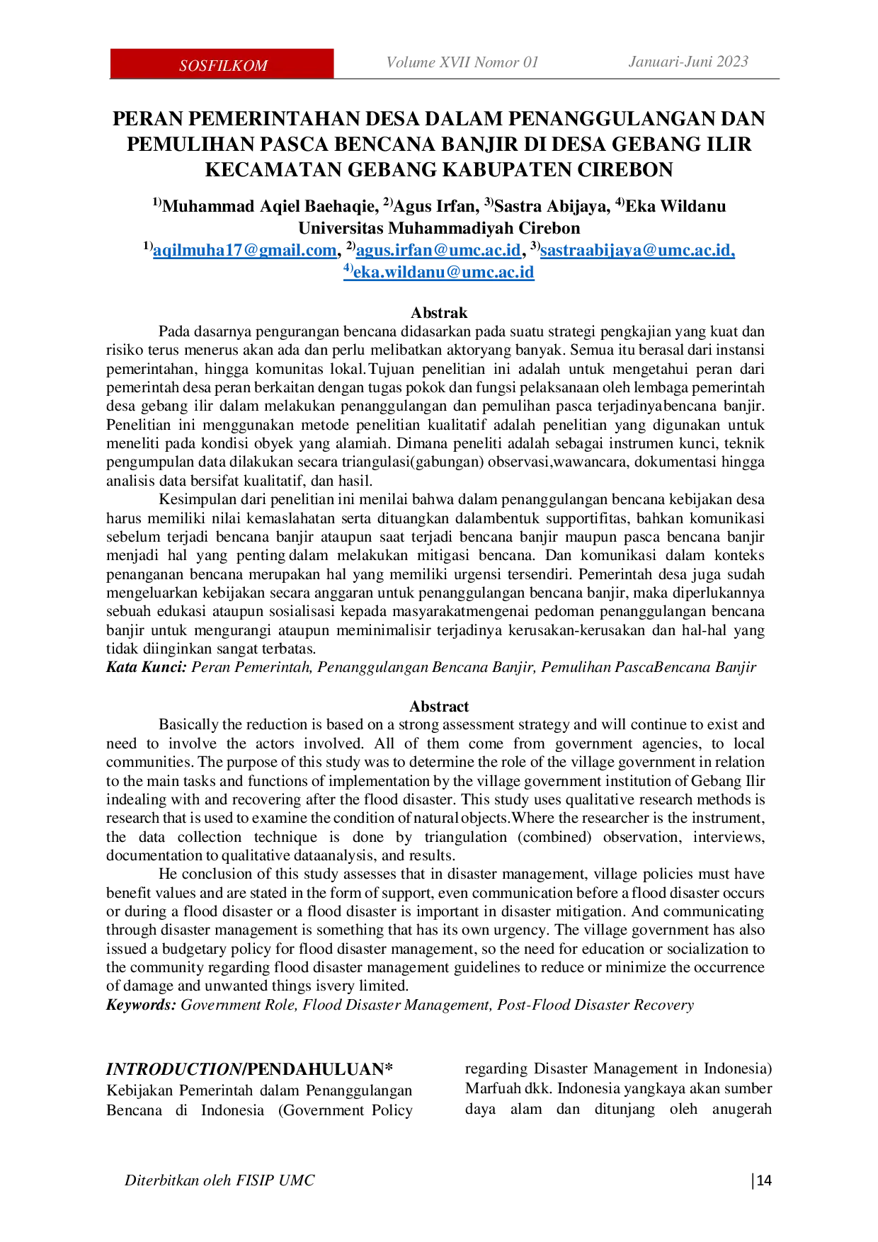 JURIS Peran Pemerintahan Desa Dalam Penanggulangan Dan Pemulihan Pasca Bencana Banjir Di Desa Gebang Ilir Kecamatan Gebang Kabupaten Cirebon