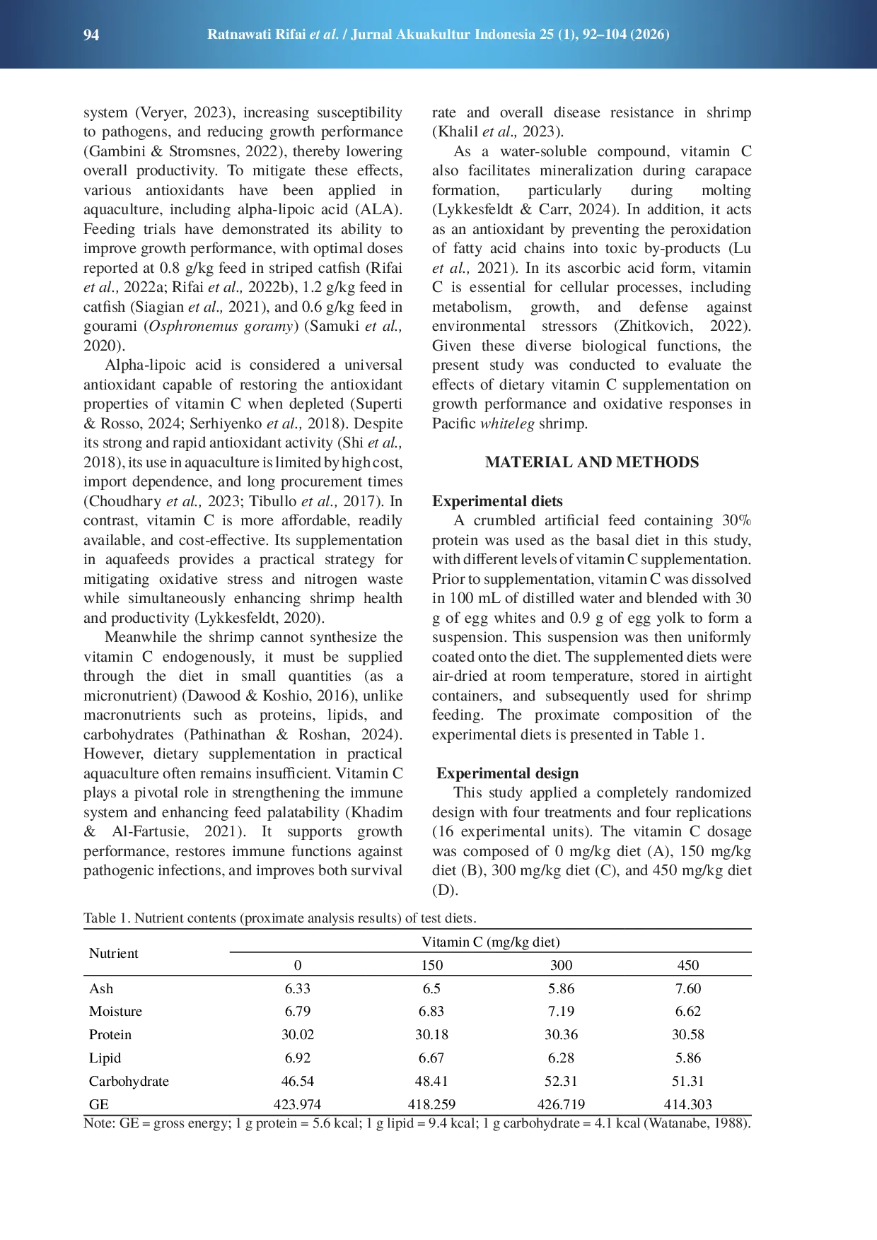 JURIS Evaluation of dietary vitamin C supplementation on growth performance and oxidative responses of pacific whiteleg shrimp juvenile Litopenaeus vannamei Boone