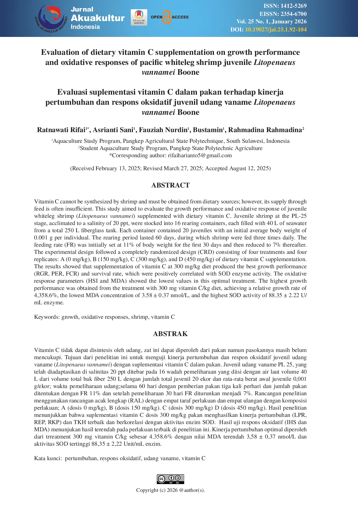 JURIS Evaluation of dietary vitamin C supplementation on growth performance and oxidative responses of pacific whiteleg shrimp juvenile Litopenaeus vannamei Boone