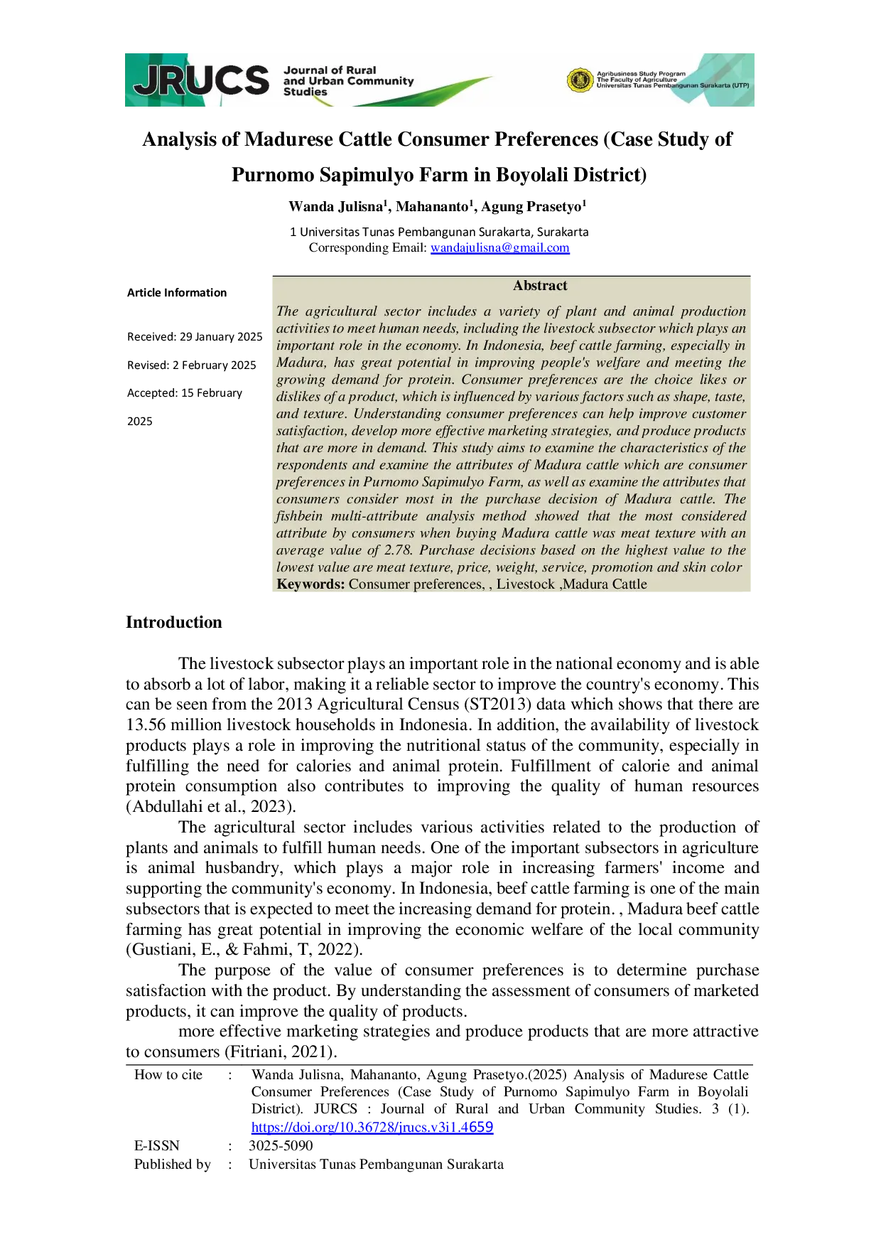 JURIS Analysis of Madurese Cattle Consumer Preferences Case Study of Purnomo Sapimulyo Farm in Boyolali District