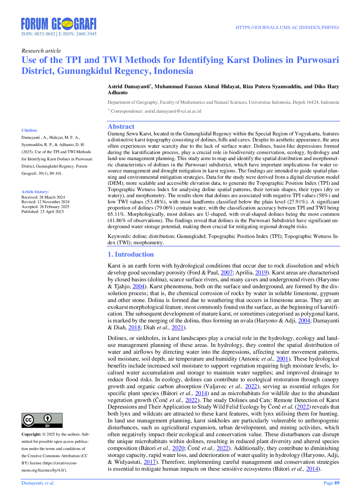 JURIS Use of the TPI and TWI Methods for Identifying Karst Dolines in Purwosari District Gunungkidul Regency Indonesia