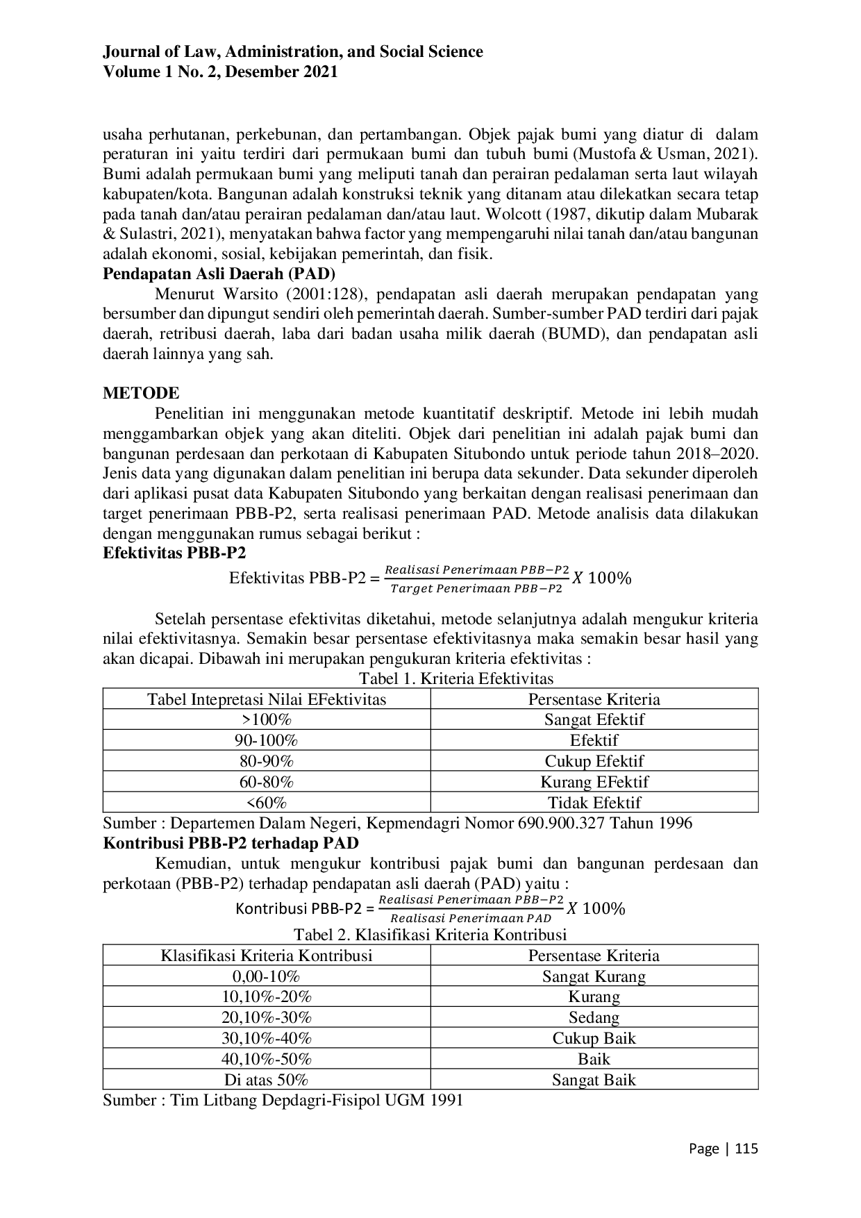 JURIS Peranan Pajak Bumi Dan Bangunan Perdesaan Dan Perkotaan Melalui Efektivitas Dan Kontribusi Terhadap Pendapatan Asli Daerah Kabupaten Situbondo