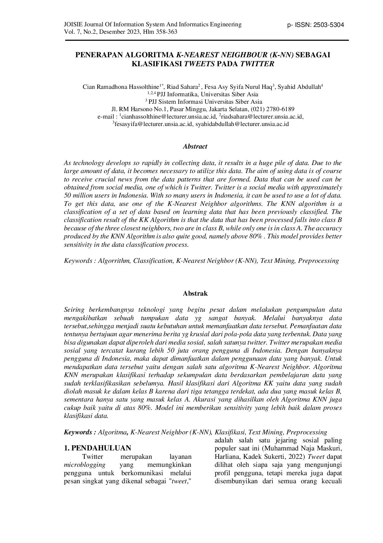 JURIS Penerapan Algoritma K Nearest Neighbour K NN Sebagai Klasifikasi Tweets Pada Twitter