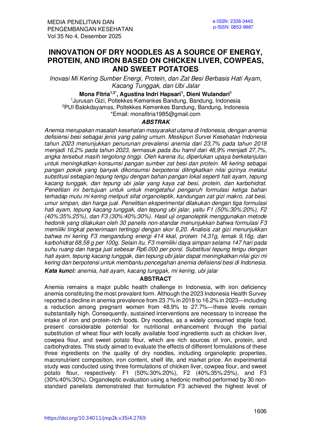 JURIS Inovasi Mi Kering Sumber Energi Protein dan Zat Besi Berbasis Hati Ayam Kacang Tunggak dan Ubi Jalar