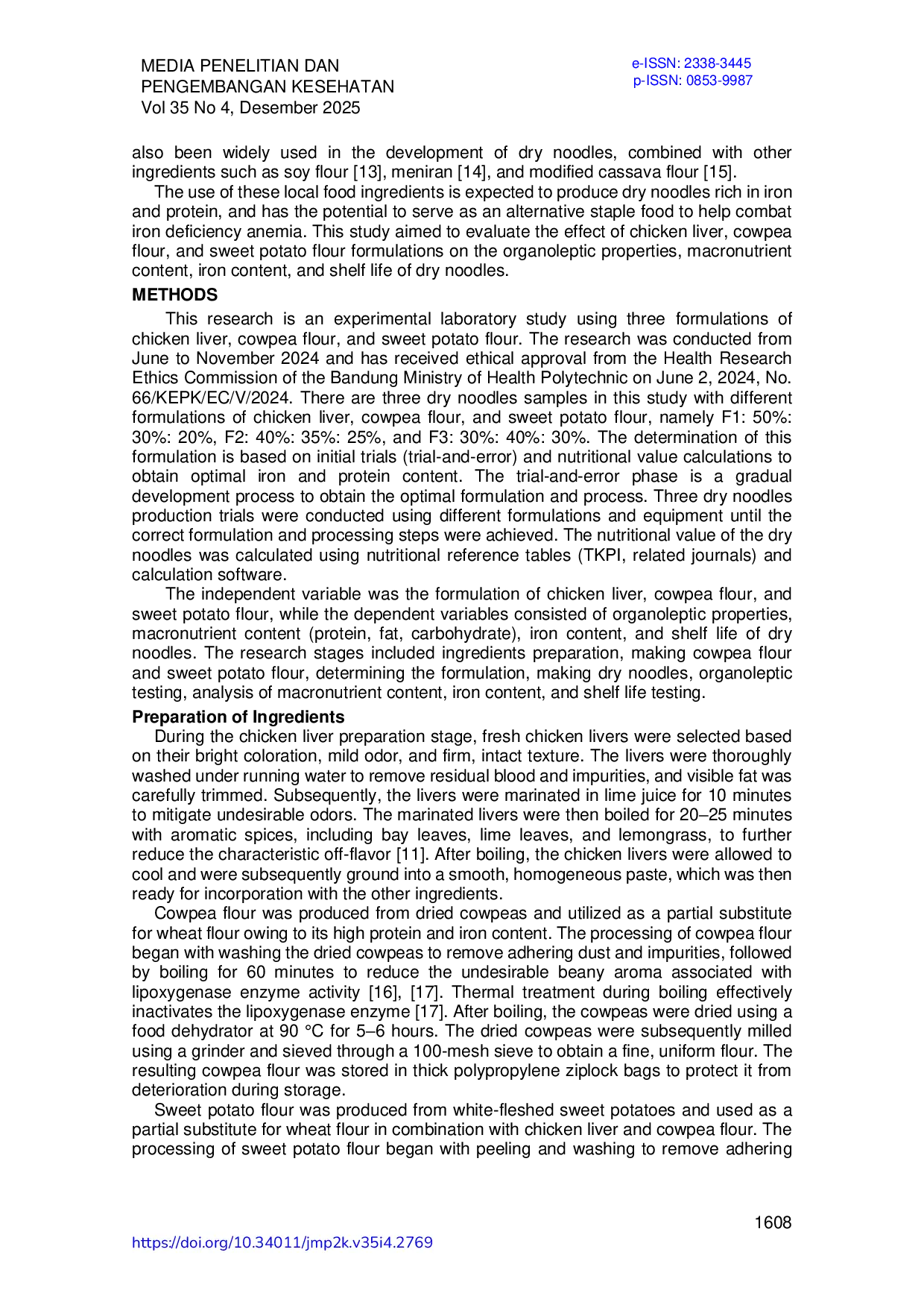 JURIS Inovasi Mi Kering Sumber Energi Protein dan Zat Besi Berbasis Hati Ayam Kacang Tunggak dan Ubi Jalar