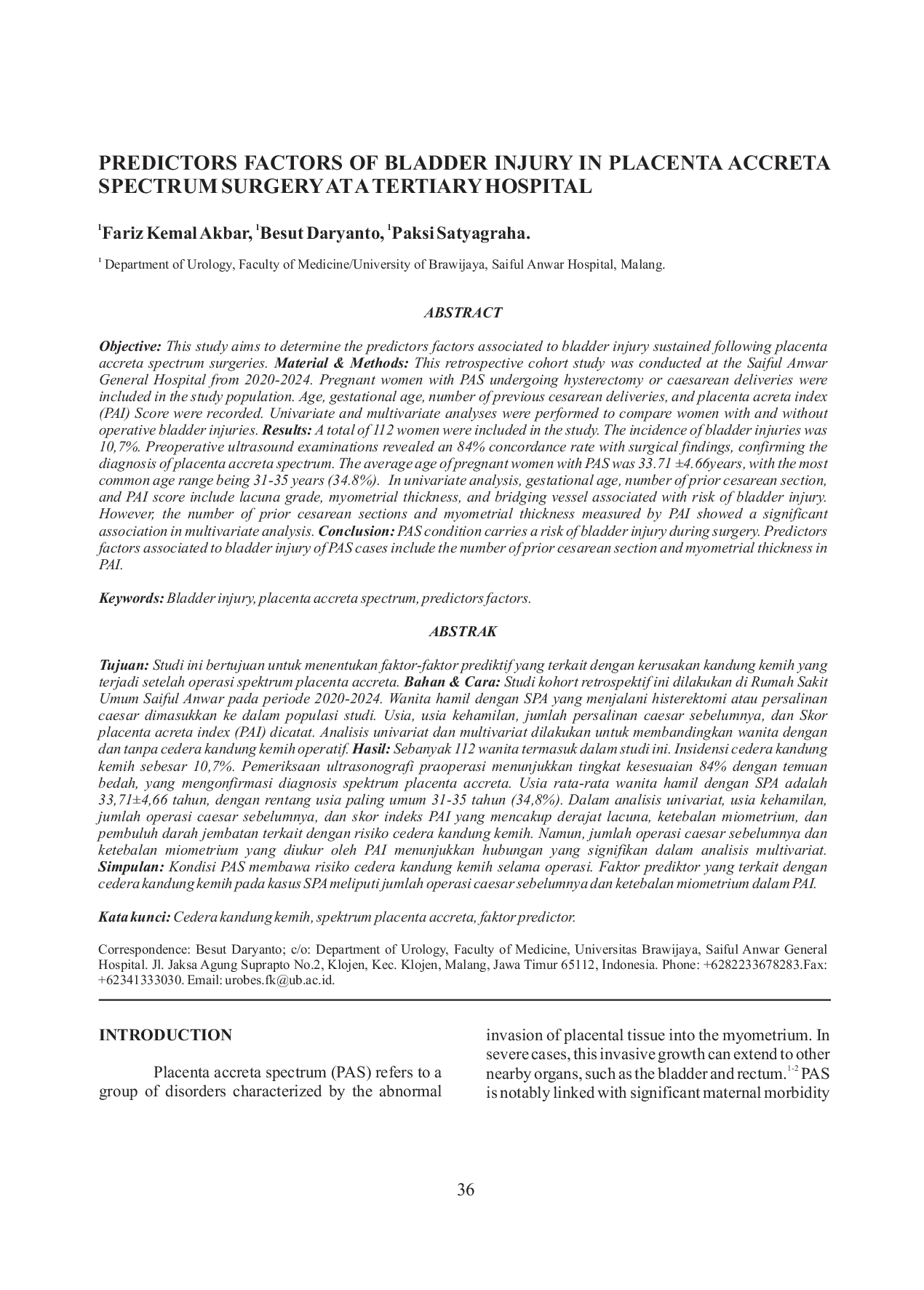 JURIS Predictors Factors Of Bladder Injury In Placenta Accreta Spectrum Surgery At A Tertiary Hospital