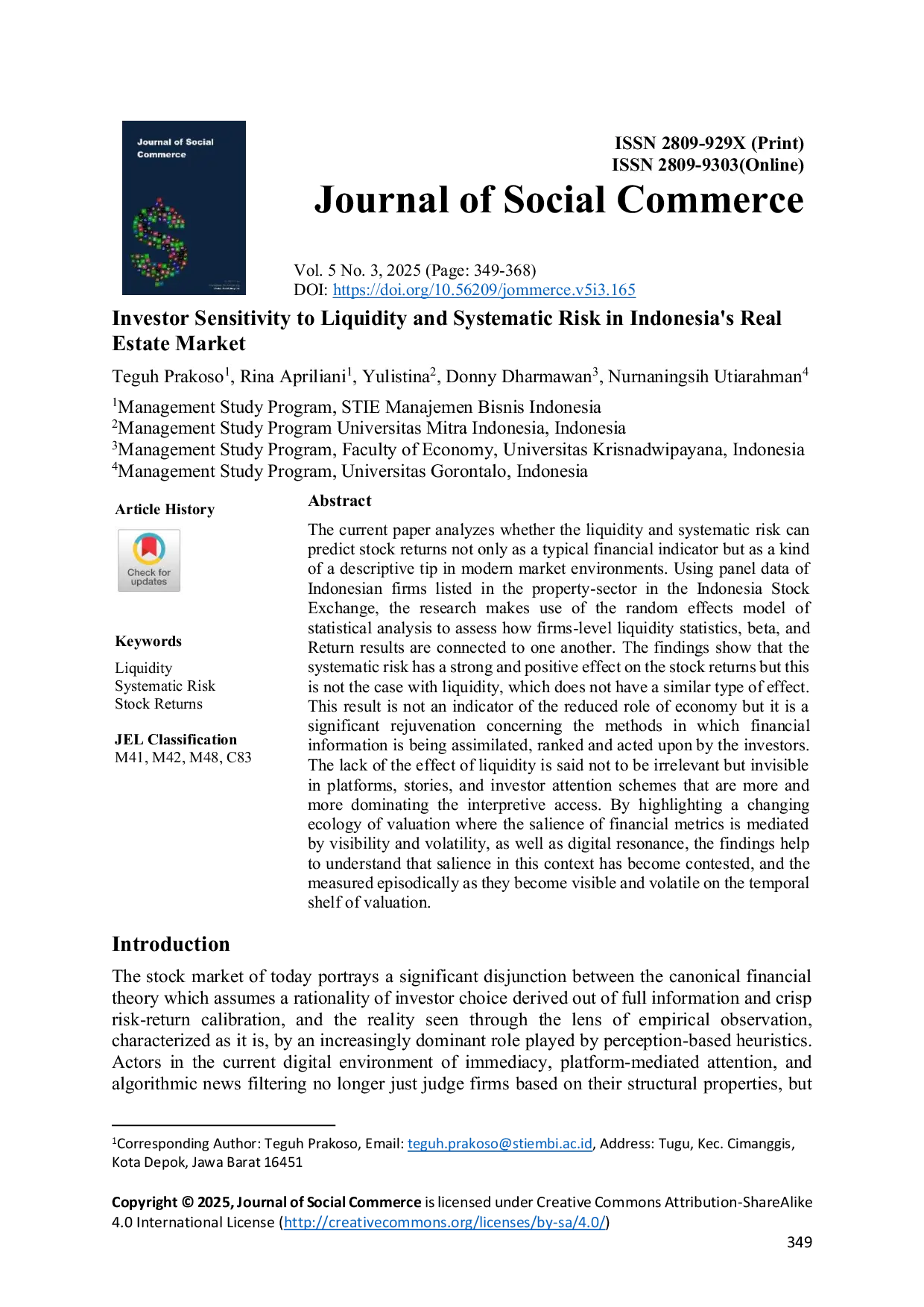 JURIS Investor Sensitivity to Liquidity and Systematic Risk in Indonesia s Real Estate Market