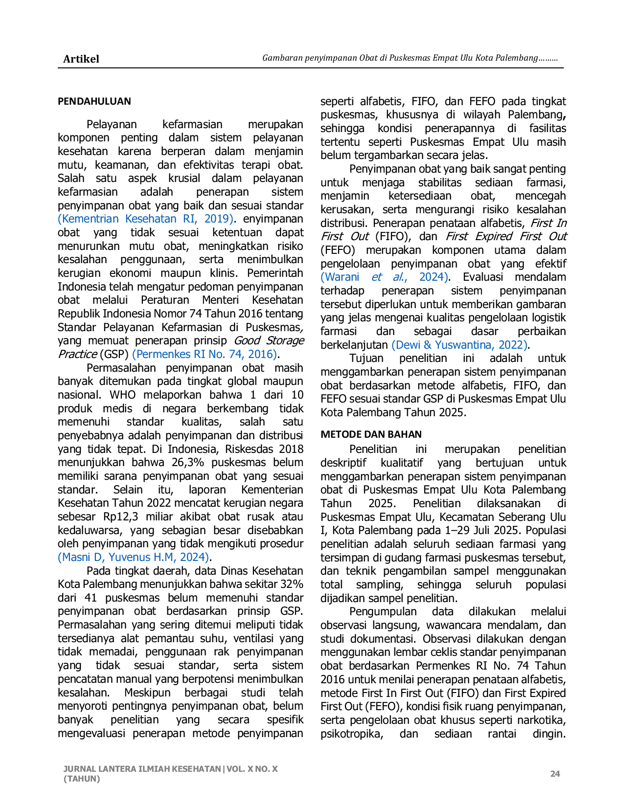 JURIS Gambaran Penyimpanan Obat di Puskesmas Empat Ulu Kota Palembang Tahun 2025