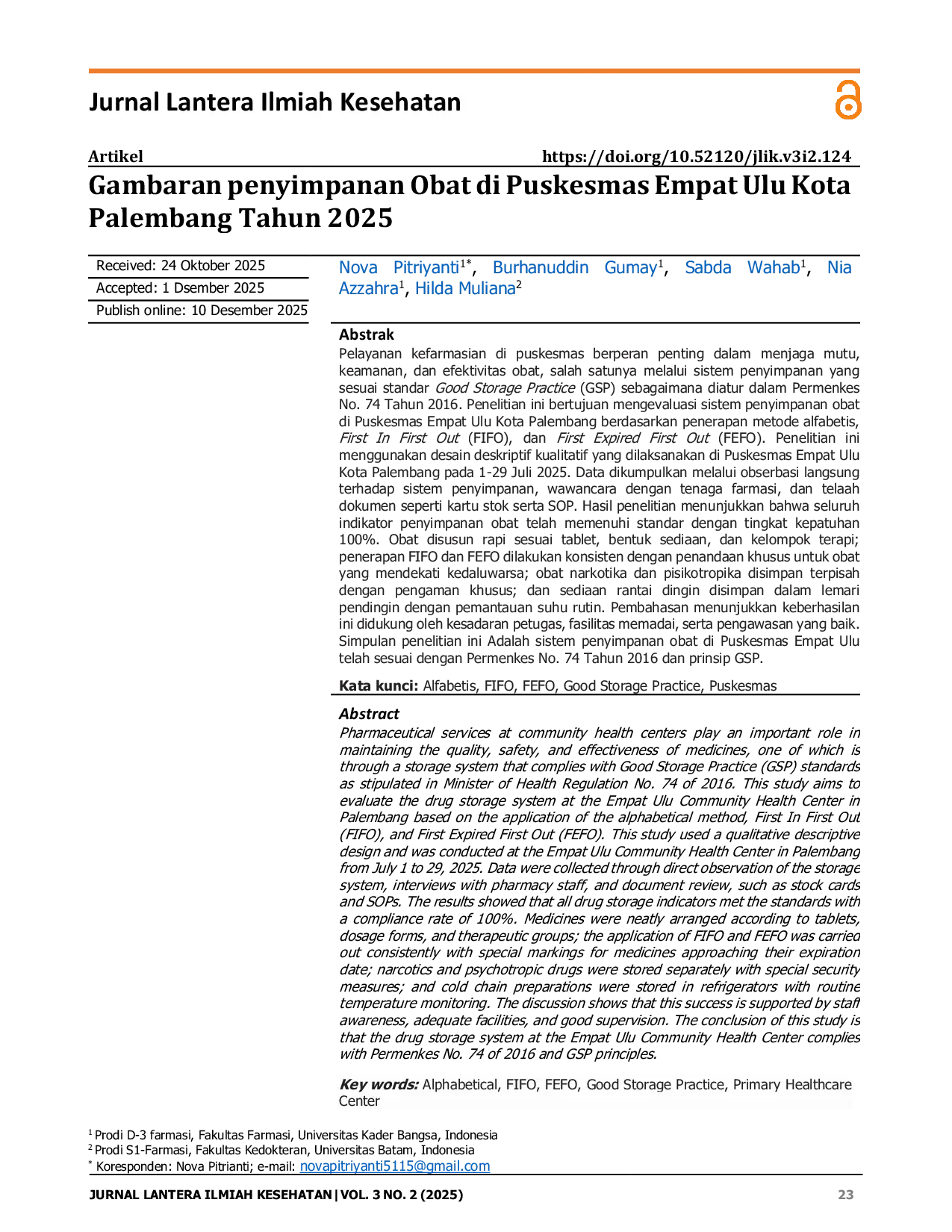 JURIS Gambaran Penyimpanan Obat di Puskesmas Empat Ulu Kota Palembang Tahun 2025