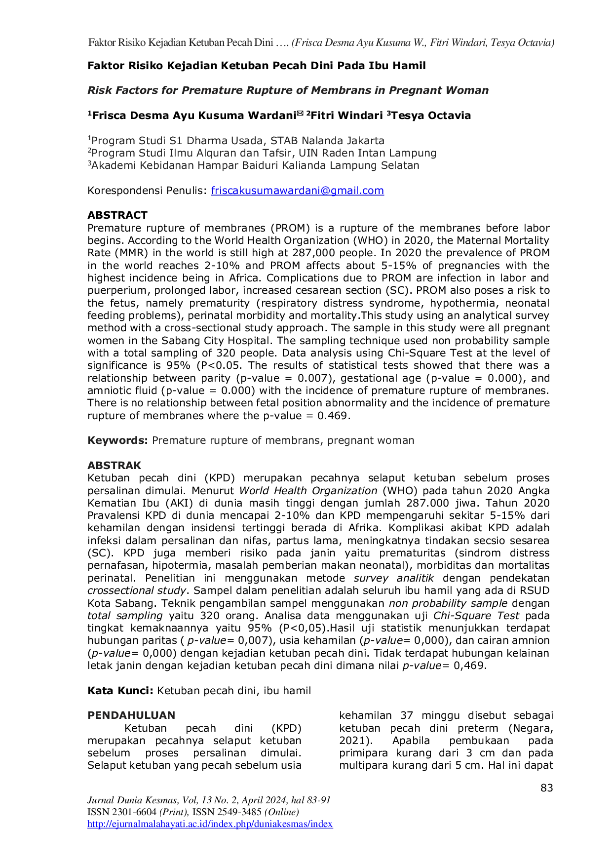 JURIS Faktor Risiko Kejadian Ketuban Pecah Dini pada Ibu Hamil