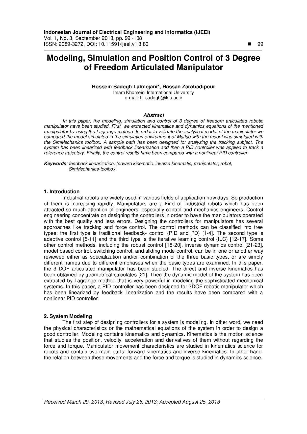 JURIS Modeling Simulation and Position Control of 3 Degree of Freedom Articulated Manipulator