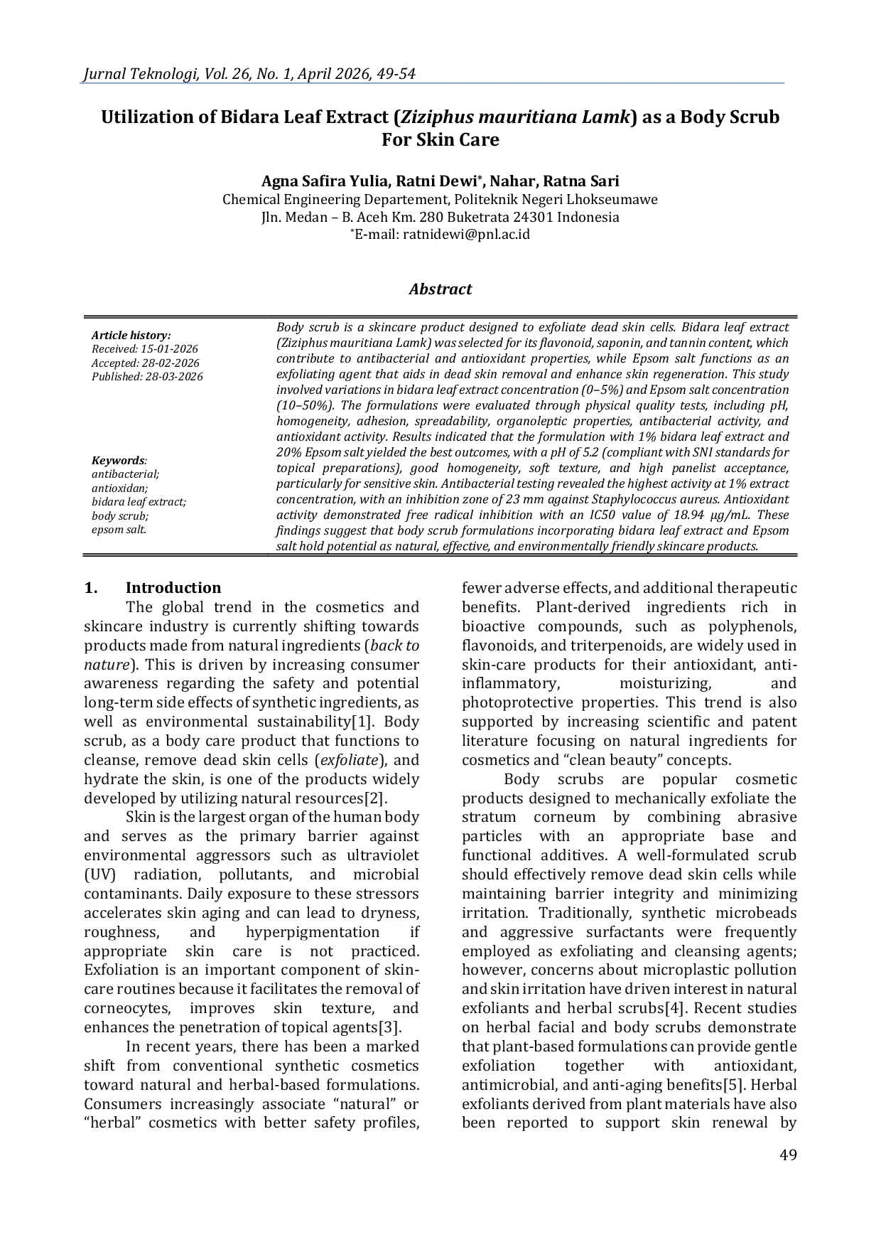 JURIS Utilization of Bidara Leaf Extract Ziziphus mauritiana Lamk as a Body Scrub For Skin Care