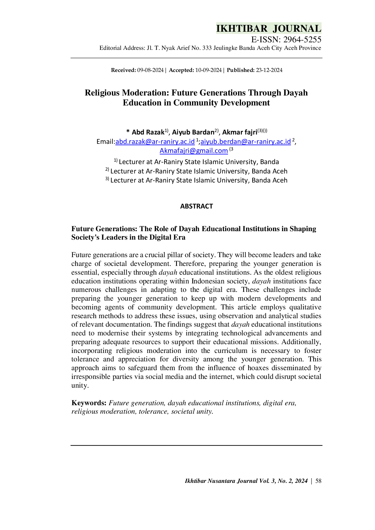 JURIS Religious Moderation Future Generations Through Dayah Education in Community Development