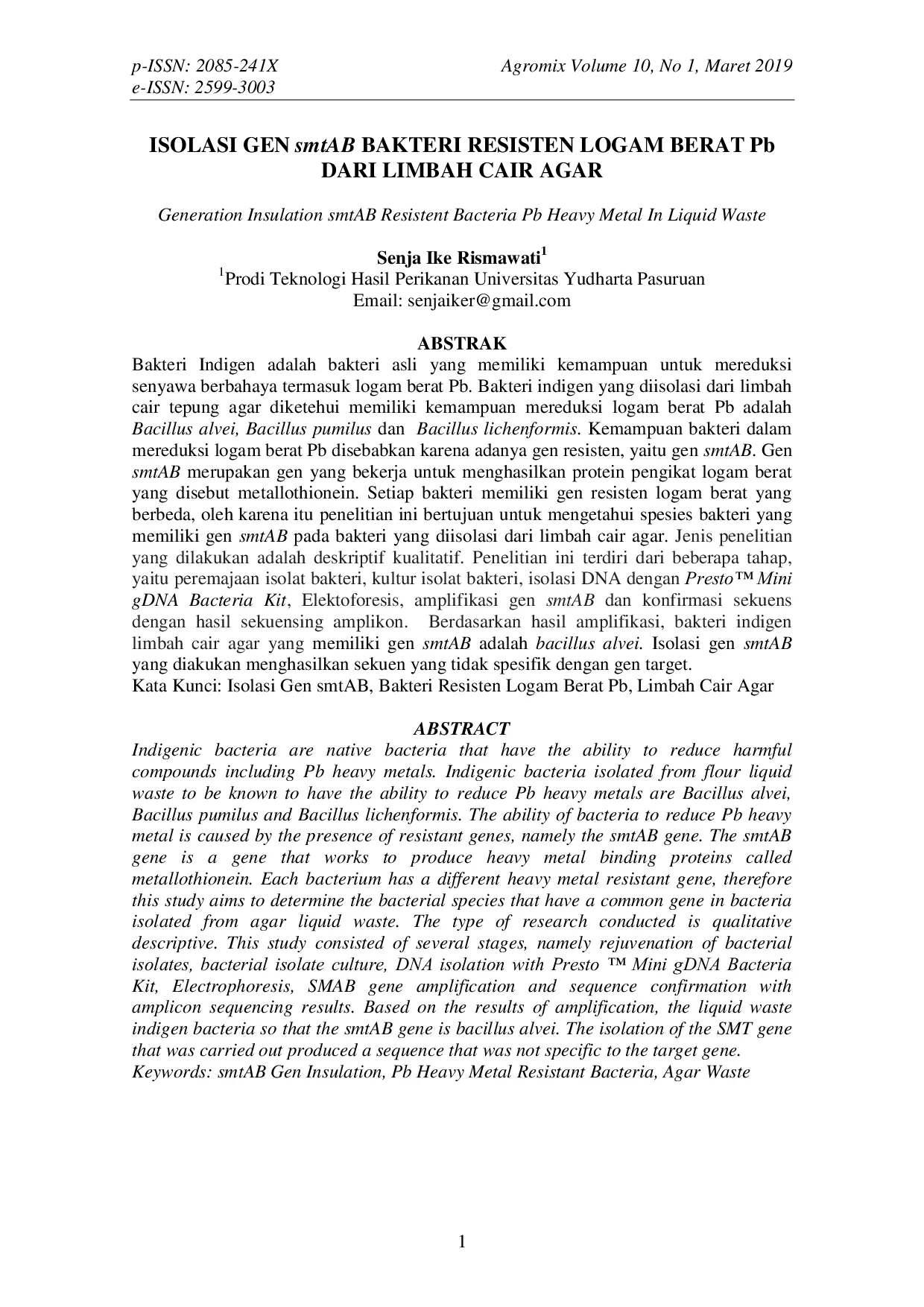JURIS ISOLASI GEN smtAB BAKTERI RESISTEN LOGAM BERAT Pb DARI LIMBAH CAIR AGAR