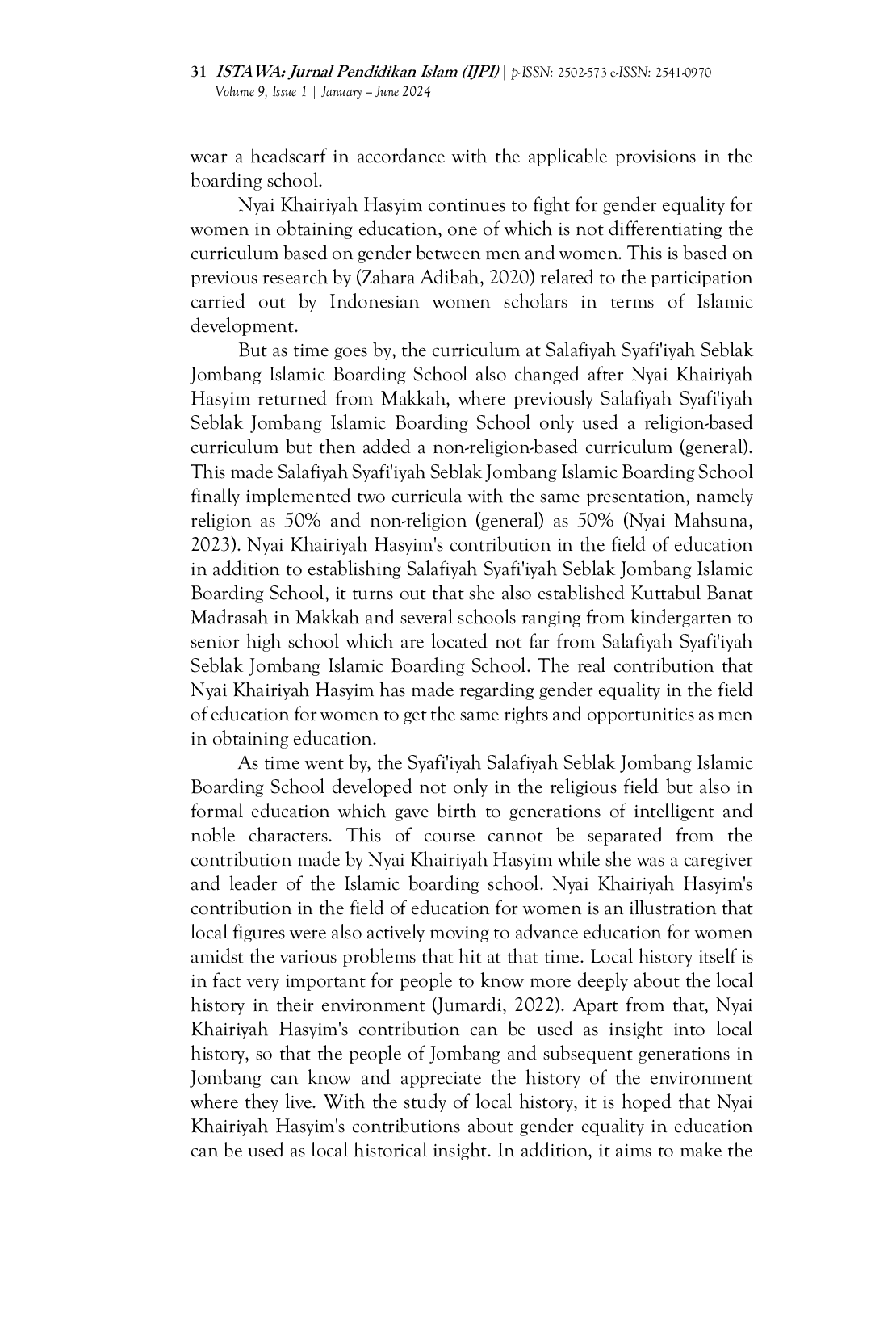 JURIS Nyai Khairiyah Hasyim s Contribution Regarding Gender Equality in The Field of Education as an Insight Into Local History