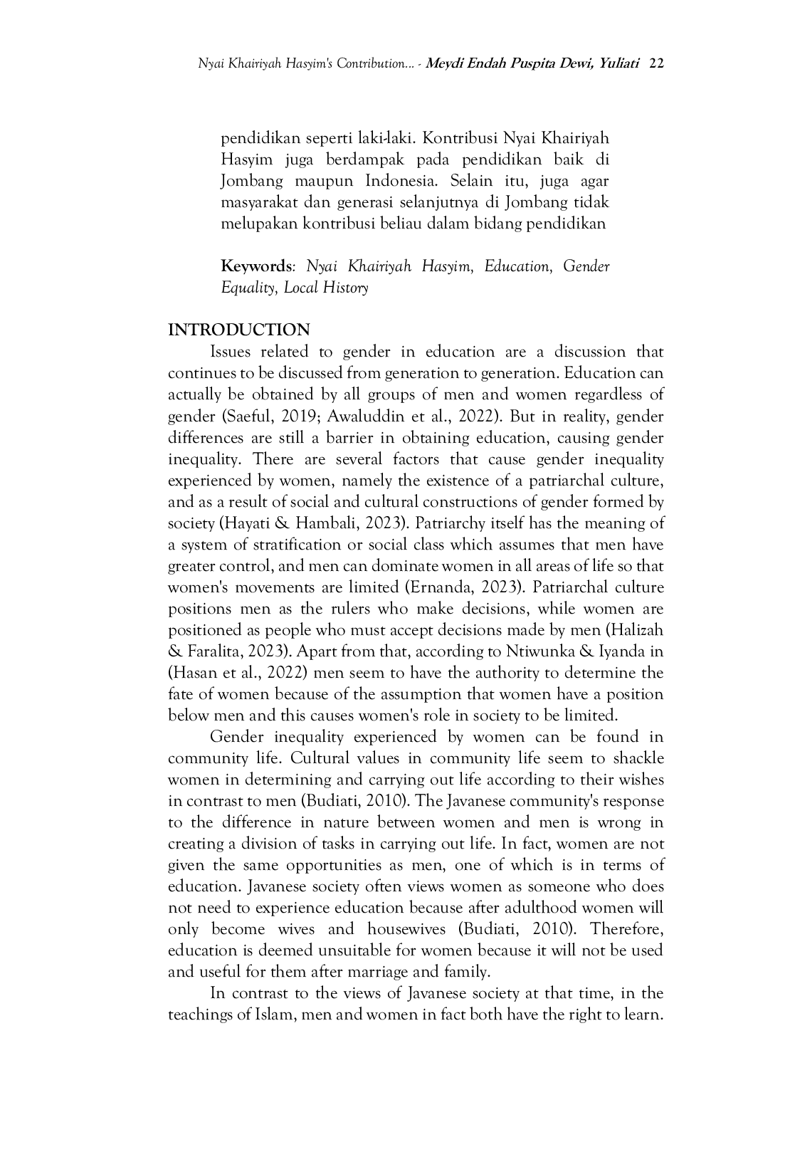 JURIS Nyai Khairiyah Hasyim s Contribution Regarding Gender Equality in The Field of Education as an Insight Into Local History