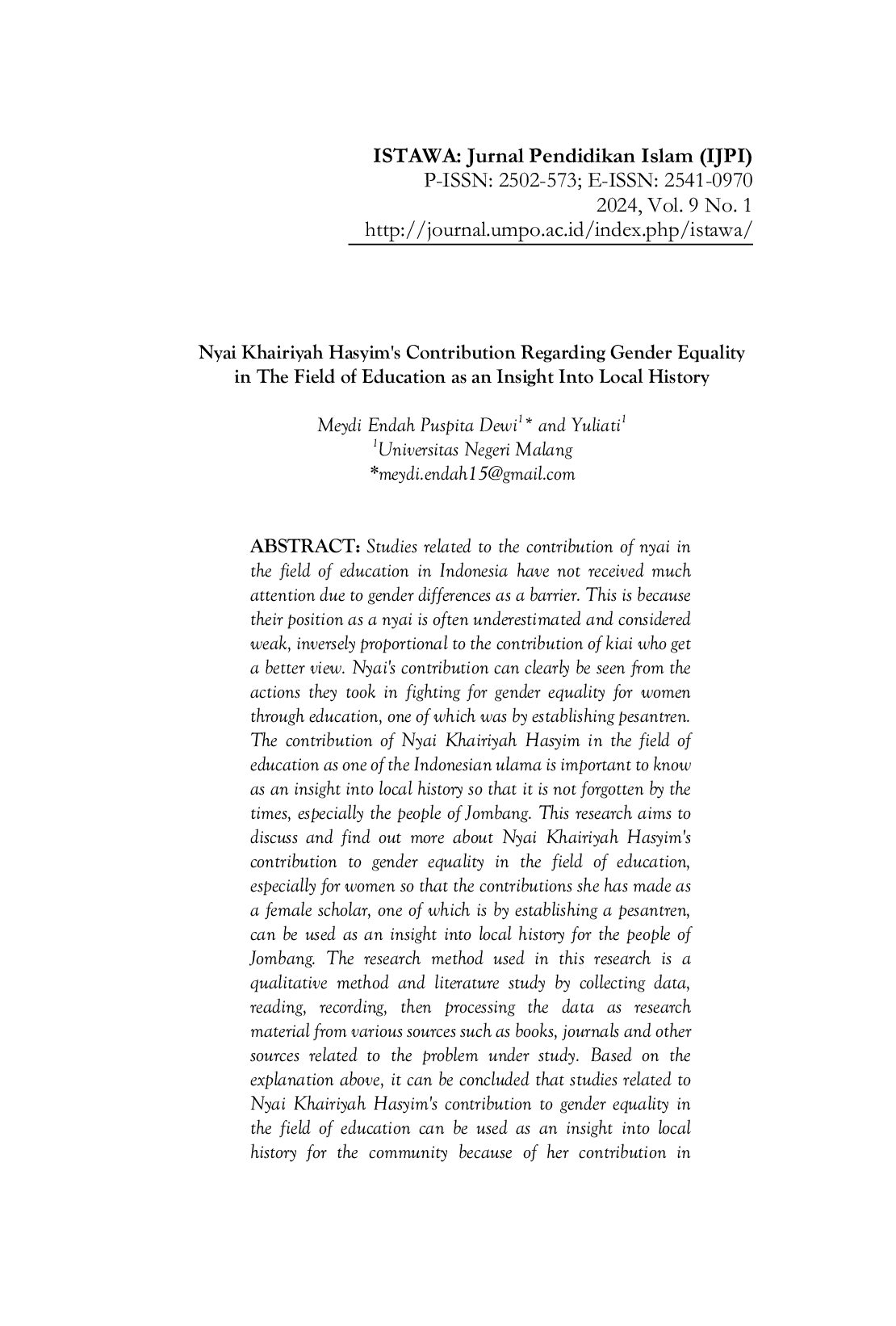 JURIS Nyai Khairiyah Hasyim s Contribution Regarding Gender Equality in The Field of Education as an Insight Into Local History