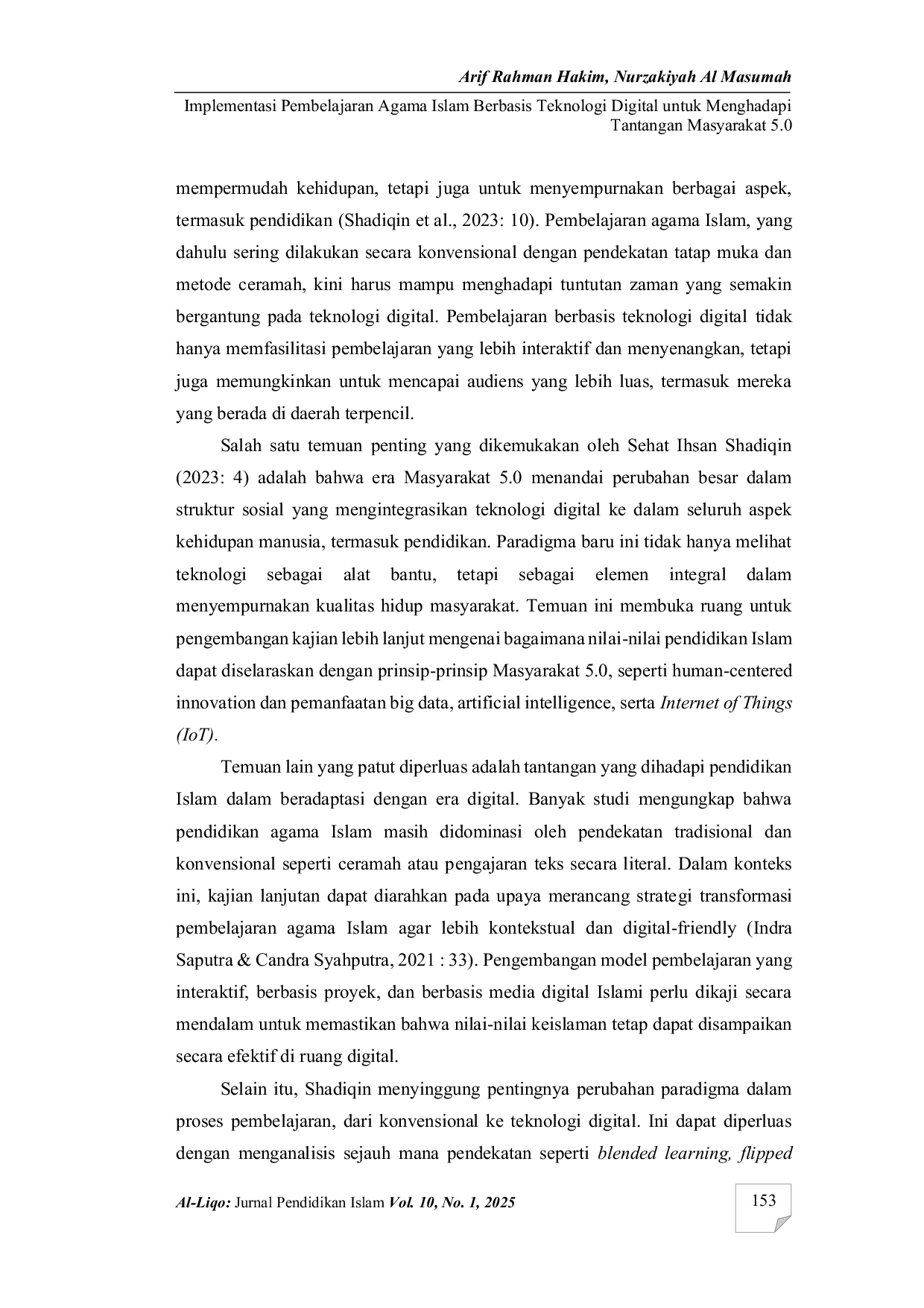 JURIS Implementasi pembelajaran agama Islam berbasis teknologi digital untuk menghadapi tantangan masyarakat 5 0