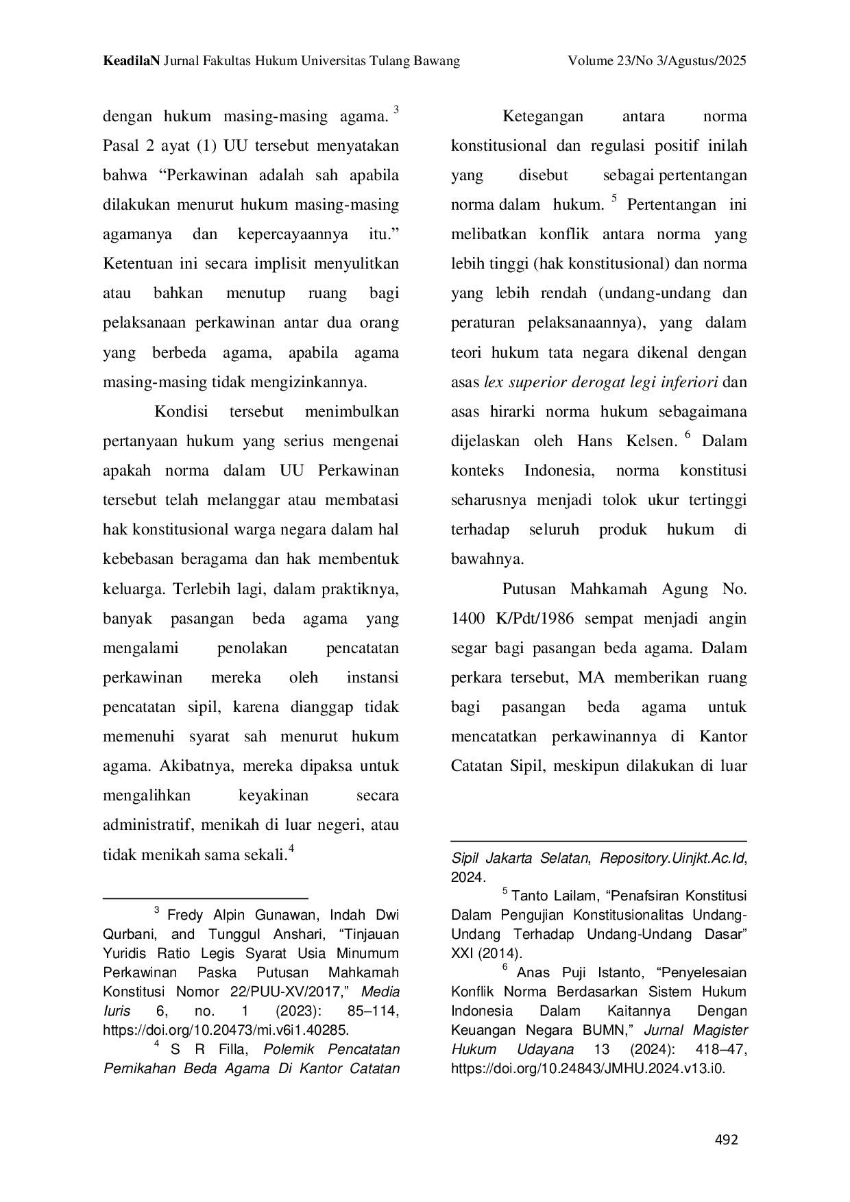 JURIS Pertentangan Norma Antara Hak Konstitusional dan Regulasi Perkawinan Beda Agama di Indonesia