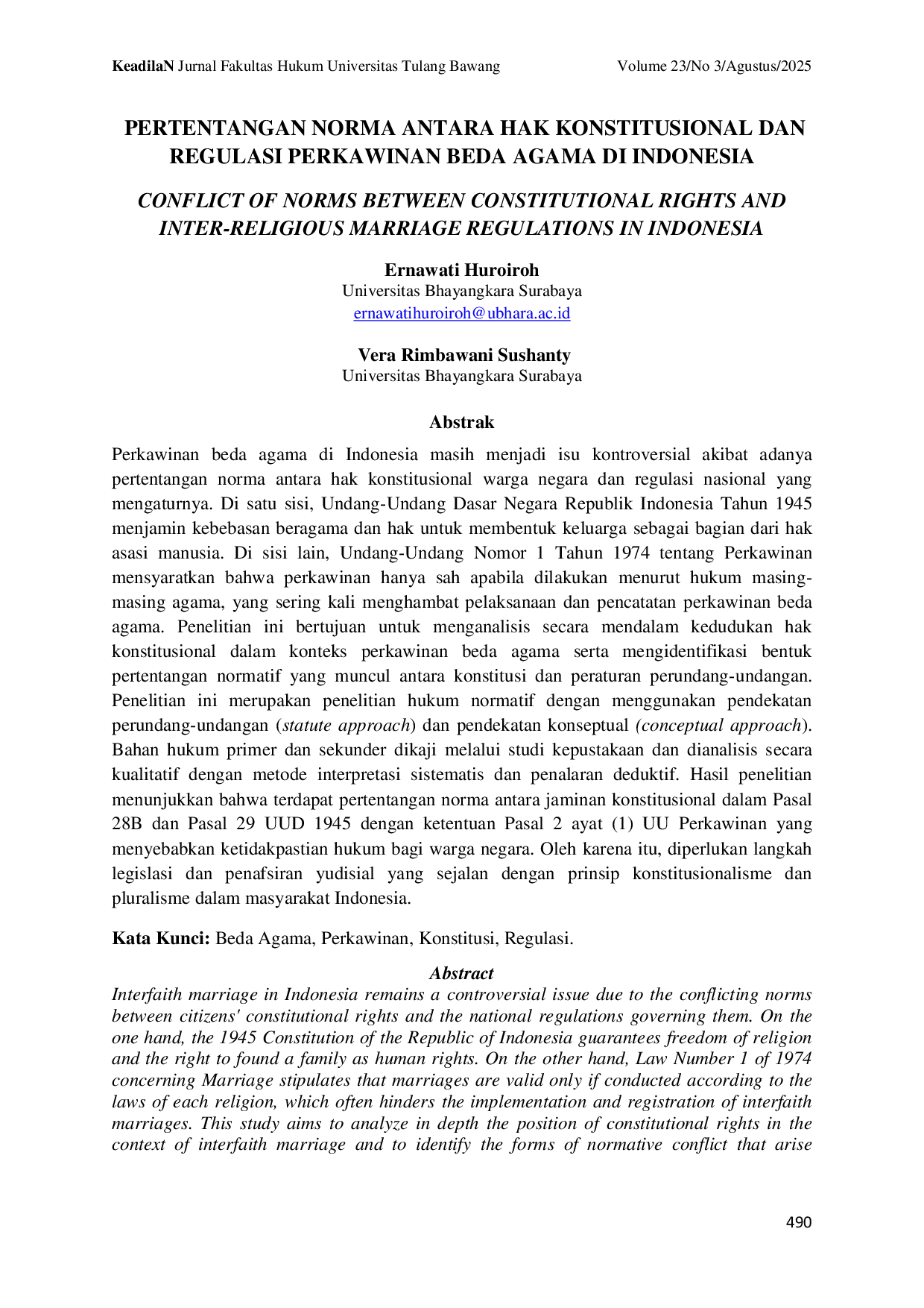 JURIS Pertentangan Norma Antara Hak Konstitusional dan Regulasi Perkawinan Beda Agama di Indonesia