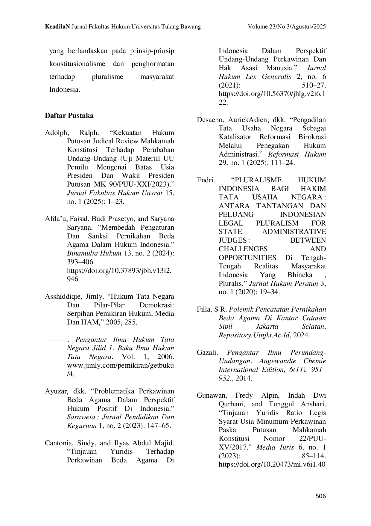 JURIS Pertentangan Norma Antara Hak Konstitusional dan Regulasi Perkawinan Beda Agama di Indonesia