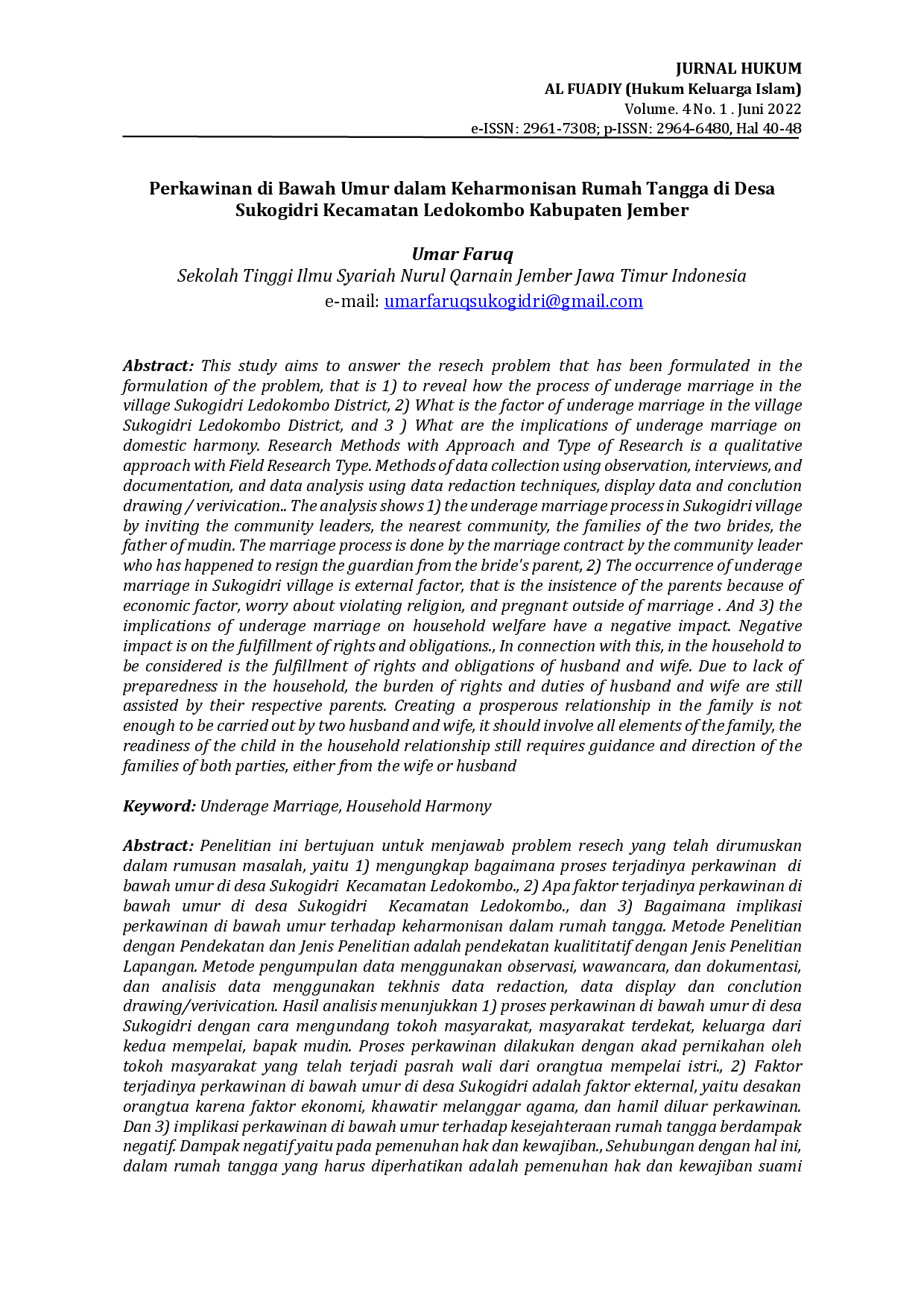 JURIS Perkawinan di Bawah Umur dalam Keharmonisan Rumah Tangga di Desa Sukogidri Kecamatan Ledokombo Kabupaten Jember
