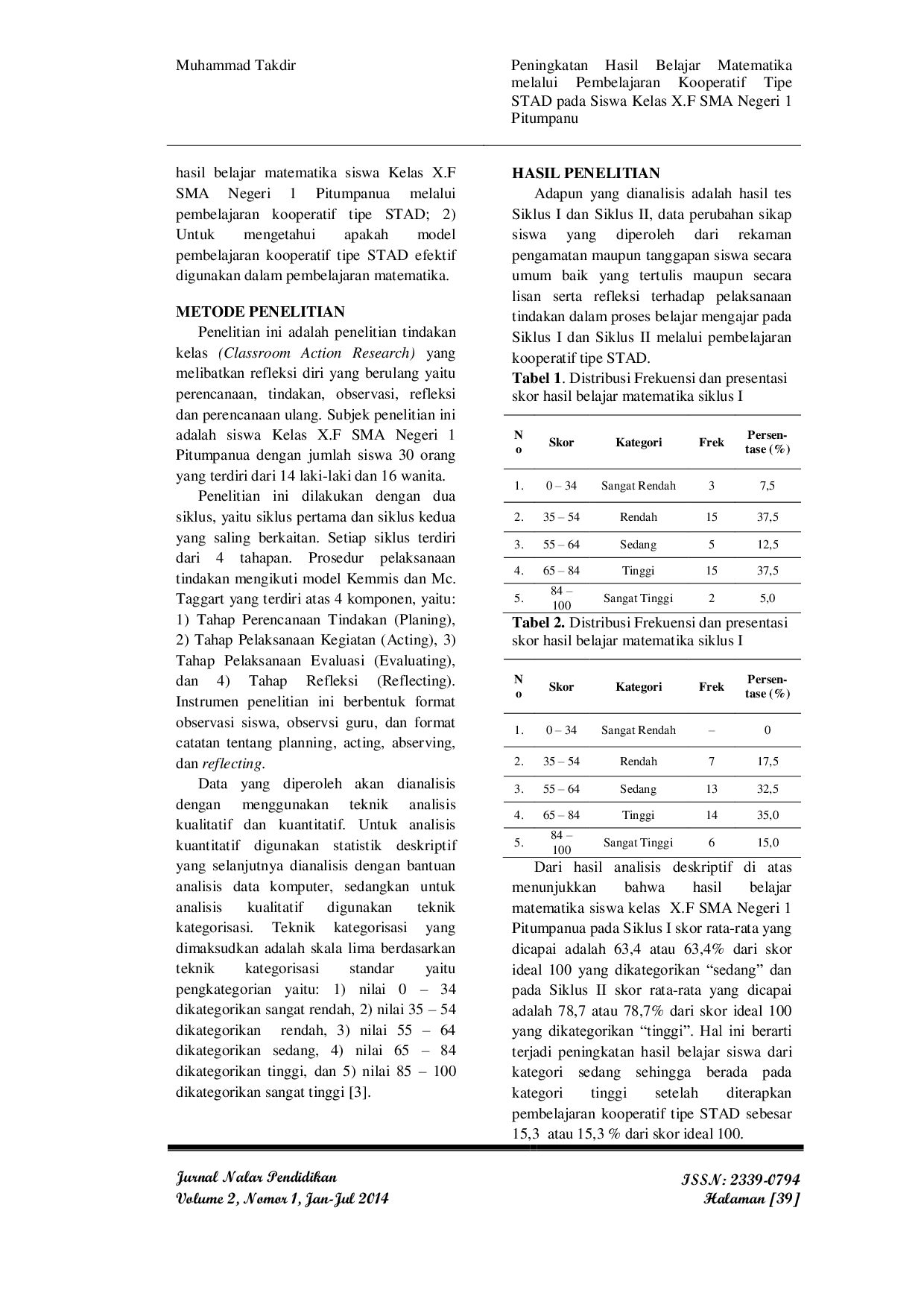 JURIS Peningkatan Hasil Belajar Matematika Melalui Pembelajaran Kooperatif Tipe STAD Pada Siswa Kelas X F SMA Negeri 1 Pitumpanu