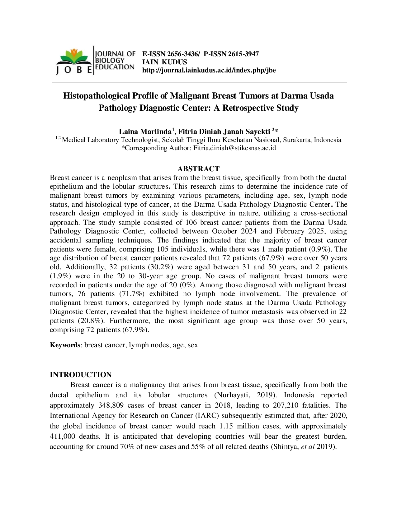 JURIS Histopathological Description Of Malignant Breast Tumors In The Darma Usada Pathology Diagnostic Center