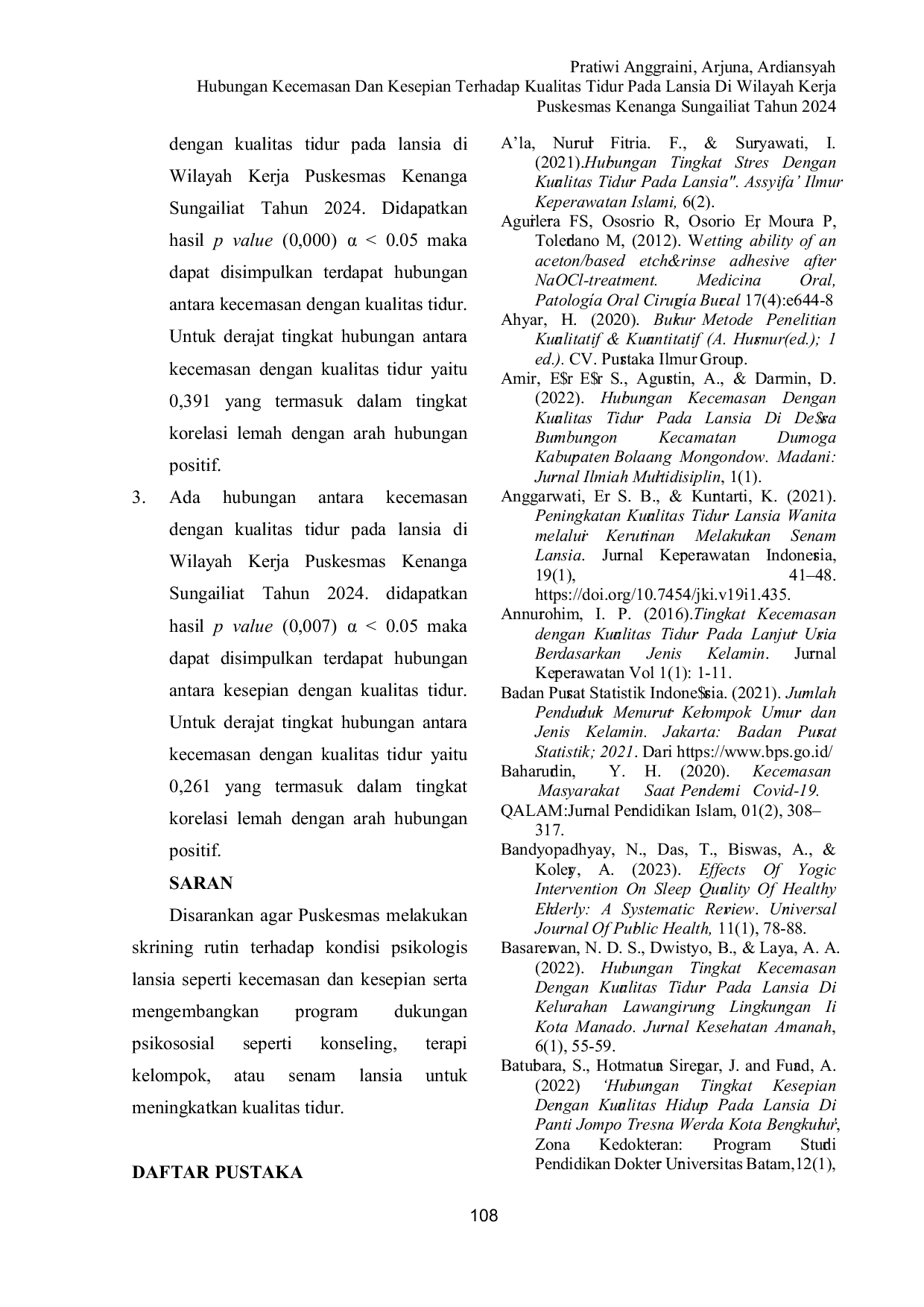 JURIS Hubungan Kecemasan Dan Kesepian Terhadap Kualitas Tidur Pada Lansia Di Wilayah Kerja Puskesmas Kenanga Sungailiat Tahun 2024