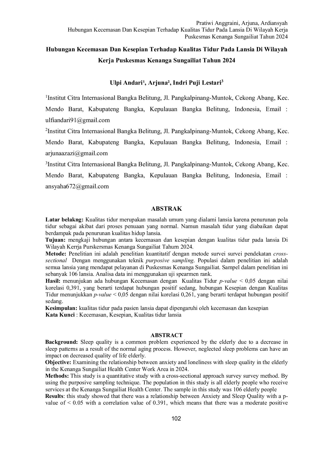 JURIS Hubungan Kecemasan Dan Kesepian Terhadap Kualitas Tidur Pada Lansia Di Wilayah Kerja Puskesmas Kenanga Sungailiat Tahun 2024